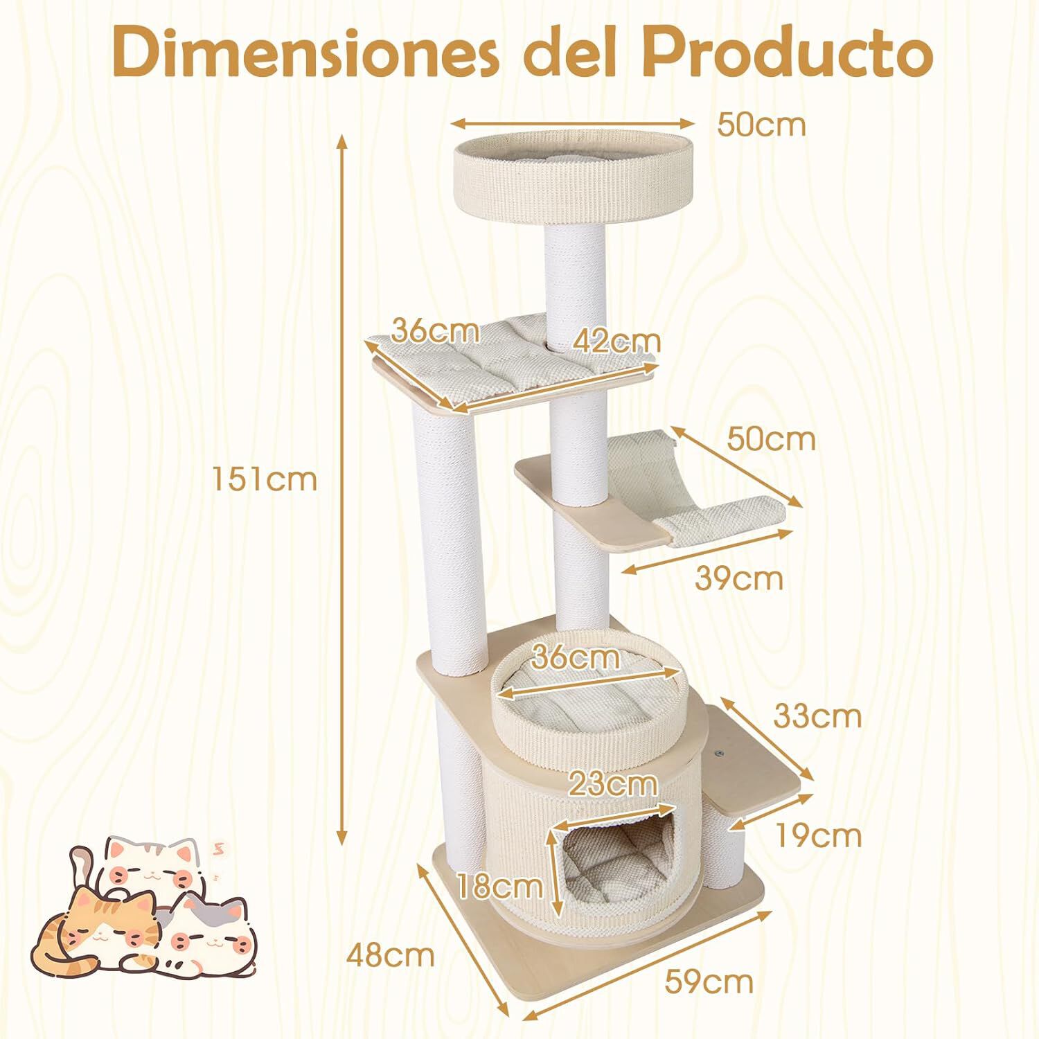 COSTWAY 151 cm &Aacute;rbol Rascador para Gatos, Torre Rascador para Gatitos con Percha Acolchada, Condo de 2 Niveles, Tapetes Desmontables, Poste para Rascar, Hamaca Acogedora, Castillo para Gatos, Blanco, , large Imagen numero 5