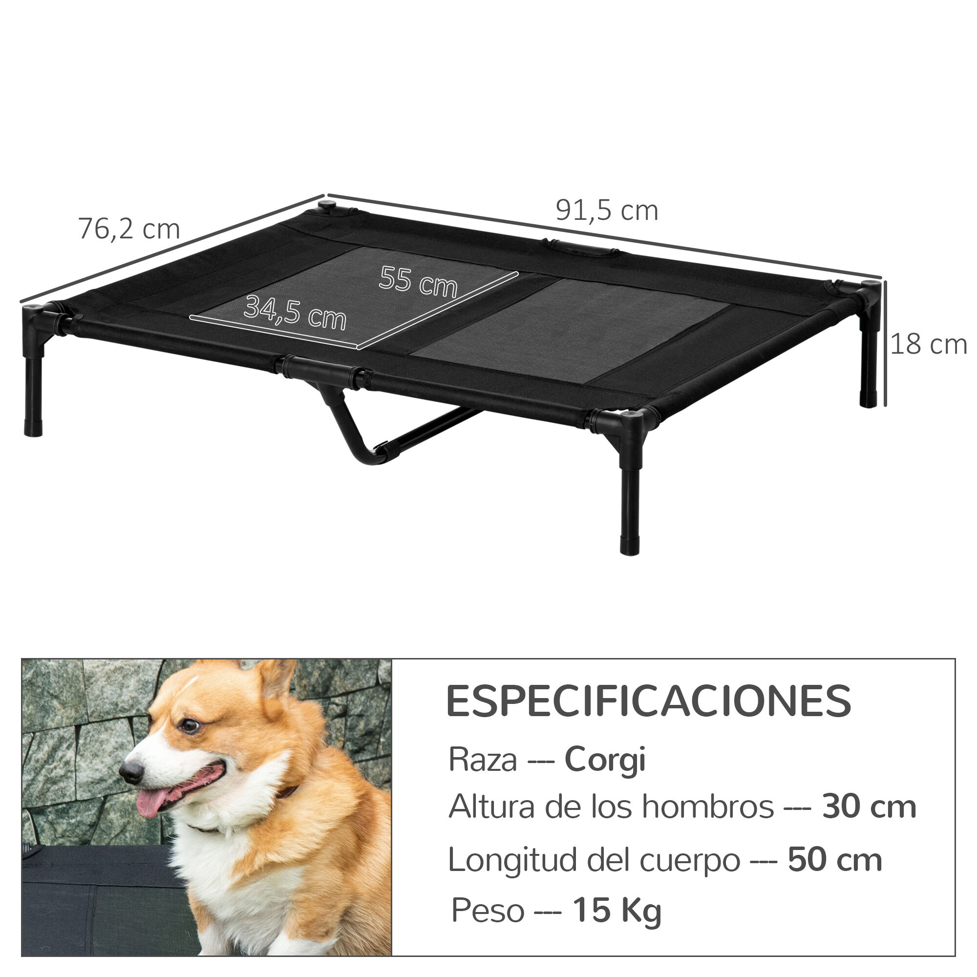 PawHut Cama Elevada para Perros Gatos Port&aacute;til Cama para Mascotas con Zona de Malla Transpirable y Tela Oxford para Interior Exterior 92x76x18 cm Negro, , large Imagen numero 3