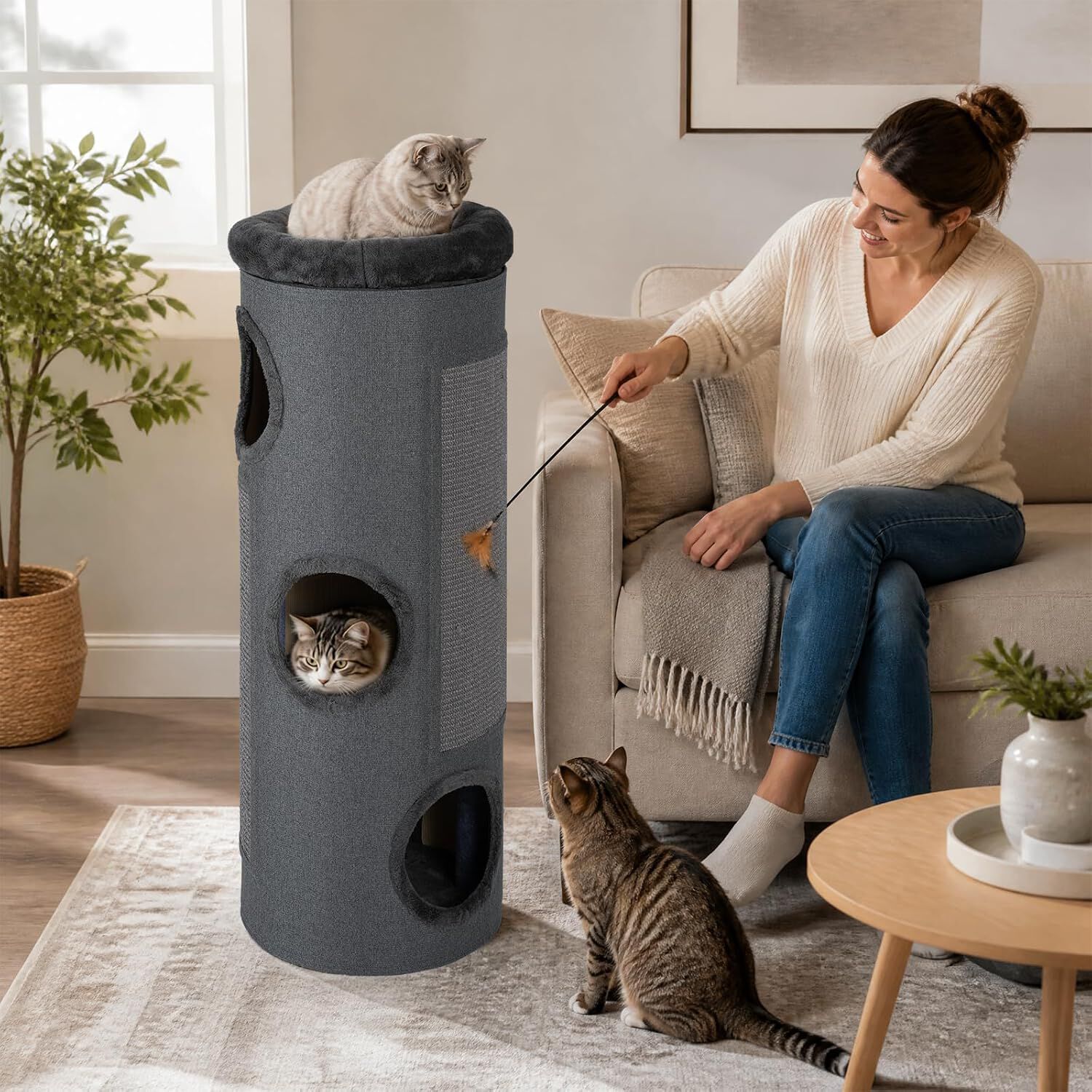 COSTWAY Barril Rascador de 4 Niveles, Poste rascador para Gatos con Cama de Percha Removible, Tablero Rascador de Sisal, Estera de Bamb&uacute; para Gato de Interior 43 x 43 x 113 cm, Gris Oscuro, , large Imagen numero 2