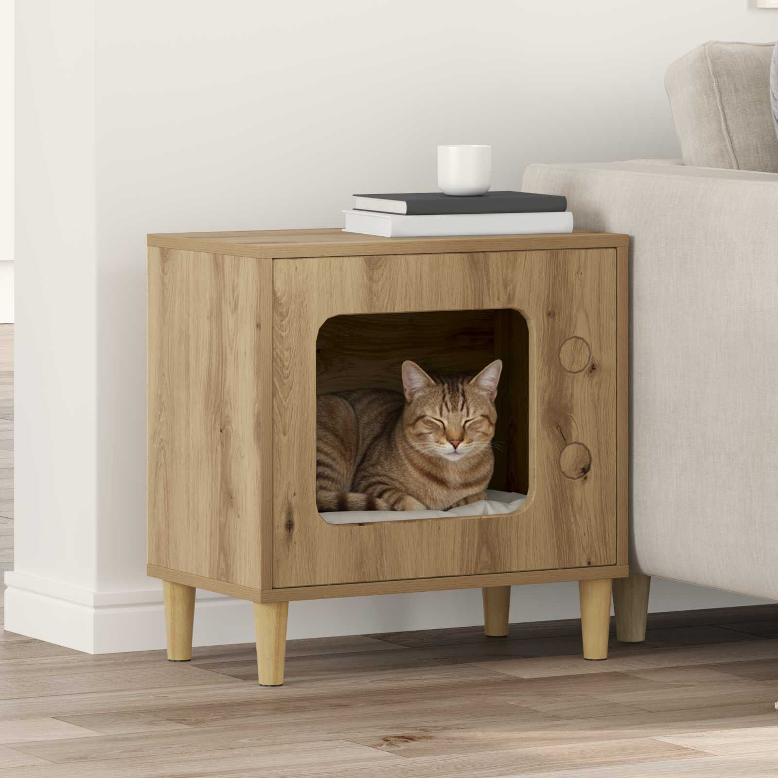 vidaXL Casa para Gatos Roble Artesanal 51 x 30 x 52 cm, , large Imagen numero 2