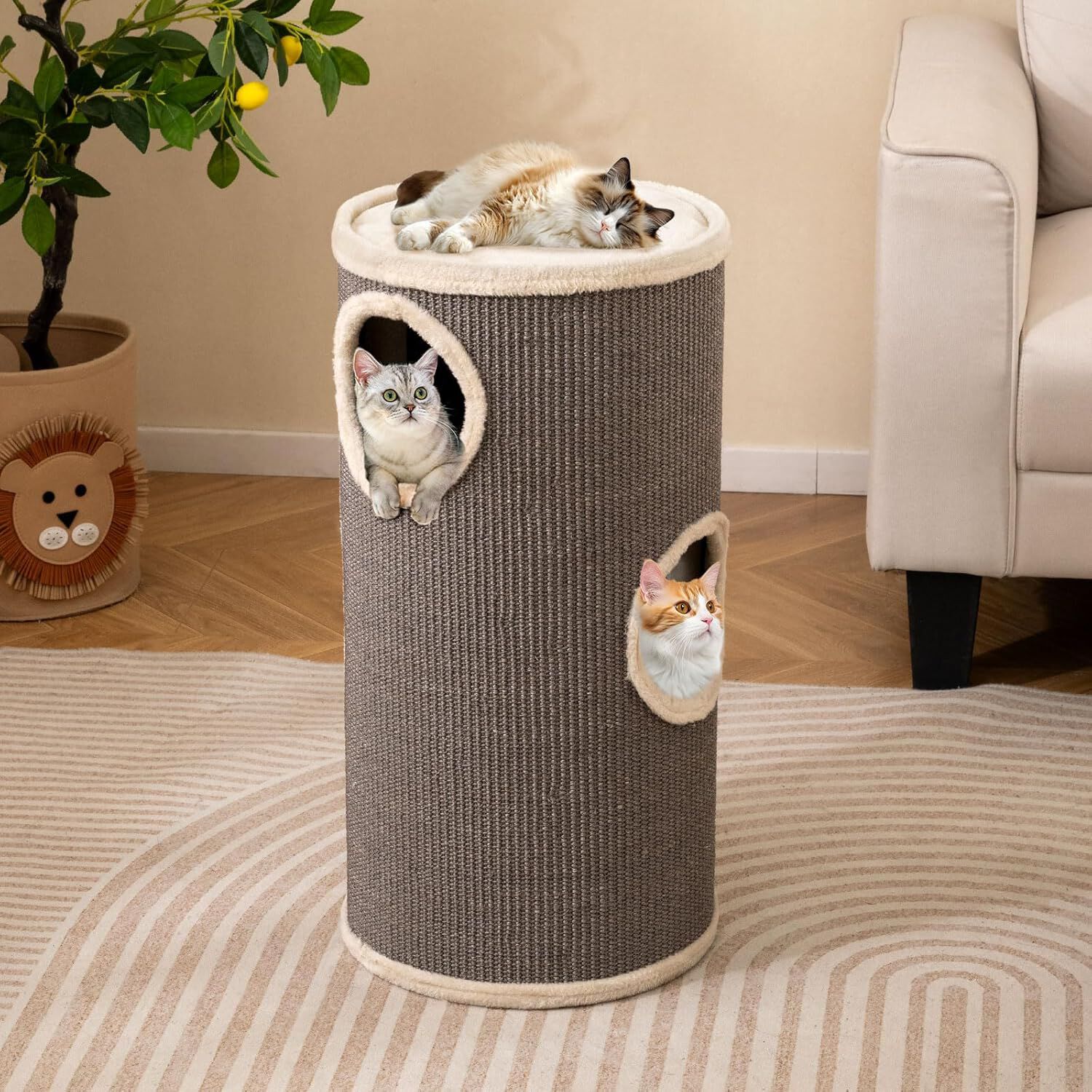 COSTWAY Barril Rascador para Gatos de 4 Niveles, 70 cm Torre Gato Rascador con Almohadilla para Rascar de Sisal, Cama Acolchada, Condominio para Gato Forma Barril, Ideal para Hogares con Varios Gatos, , large Imagen numero 2