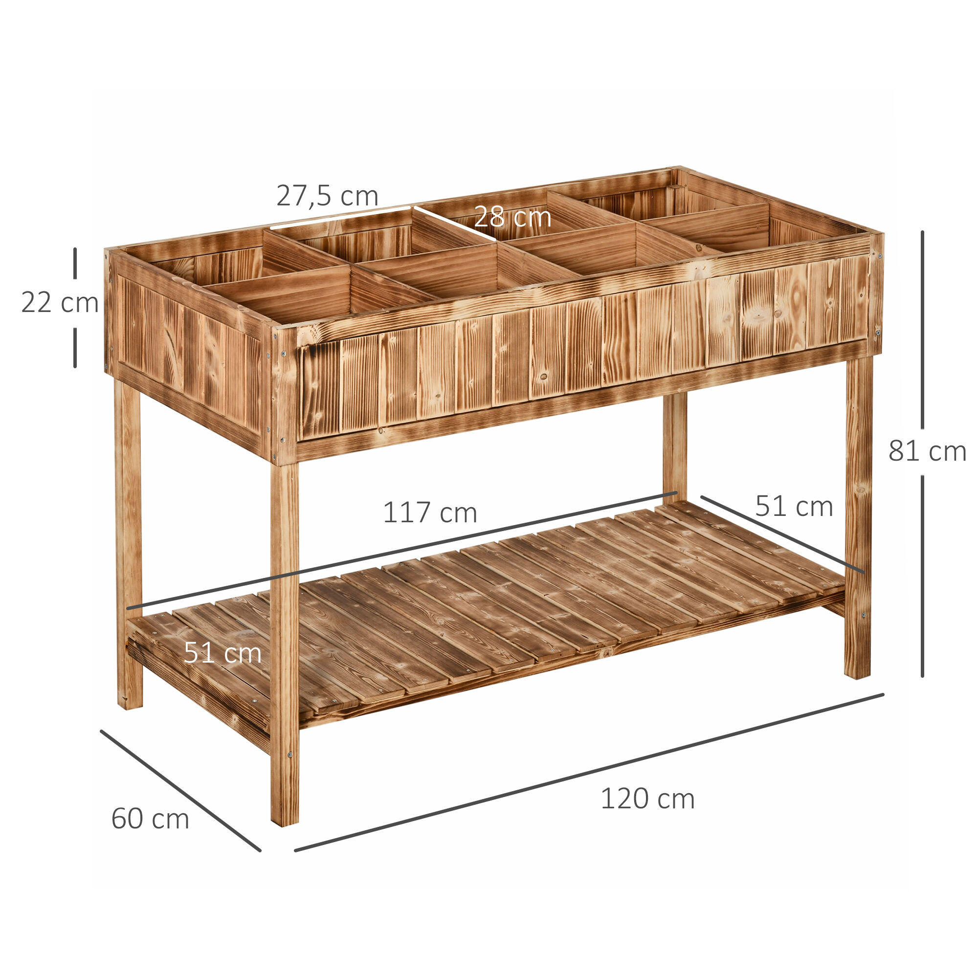 Outsunny Huerto Urbano de Madera 120x60x81 cm Jardinera Elevada para Cultivo de Plantas Flores Mesa de Cultivo con Estante Inferior para Jard&iacute;n Terraza Exterior Carbanizado, , large Imagen numero 3