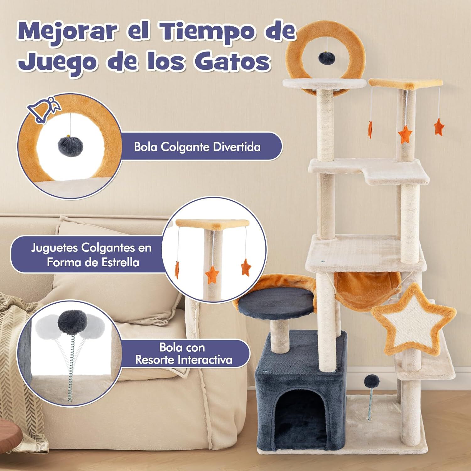 COSTWAY &Aacute;rbol Rascador para Gatos, Altura 160cm, Rascador para Gatos de Varios Niveles con Postes de Sisal y Tablero, Condo, Plataforma y Perchas, Juguetes Colgantes, Tela de Felpa, Torre para Gatitos, , large Imagen numero 3