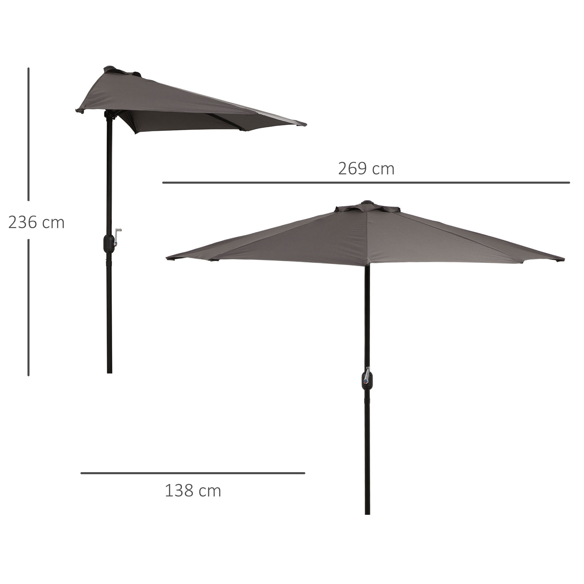 Outsunny Sombrilla 269x138x236 cm Parasol de Jard&iacute;n con Manivela y Forma Semicircular para Exterior Terraza Patio Piscina Gris, , large Imagen numero 3