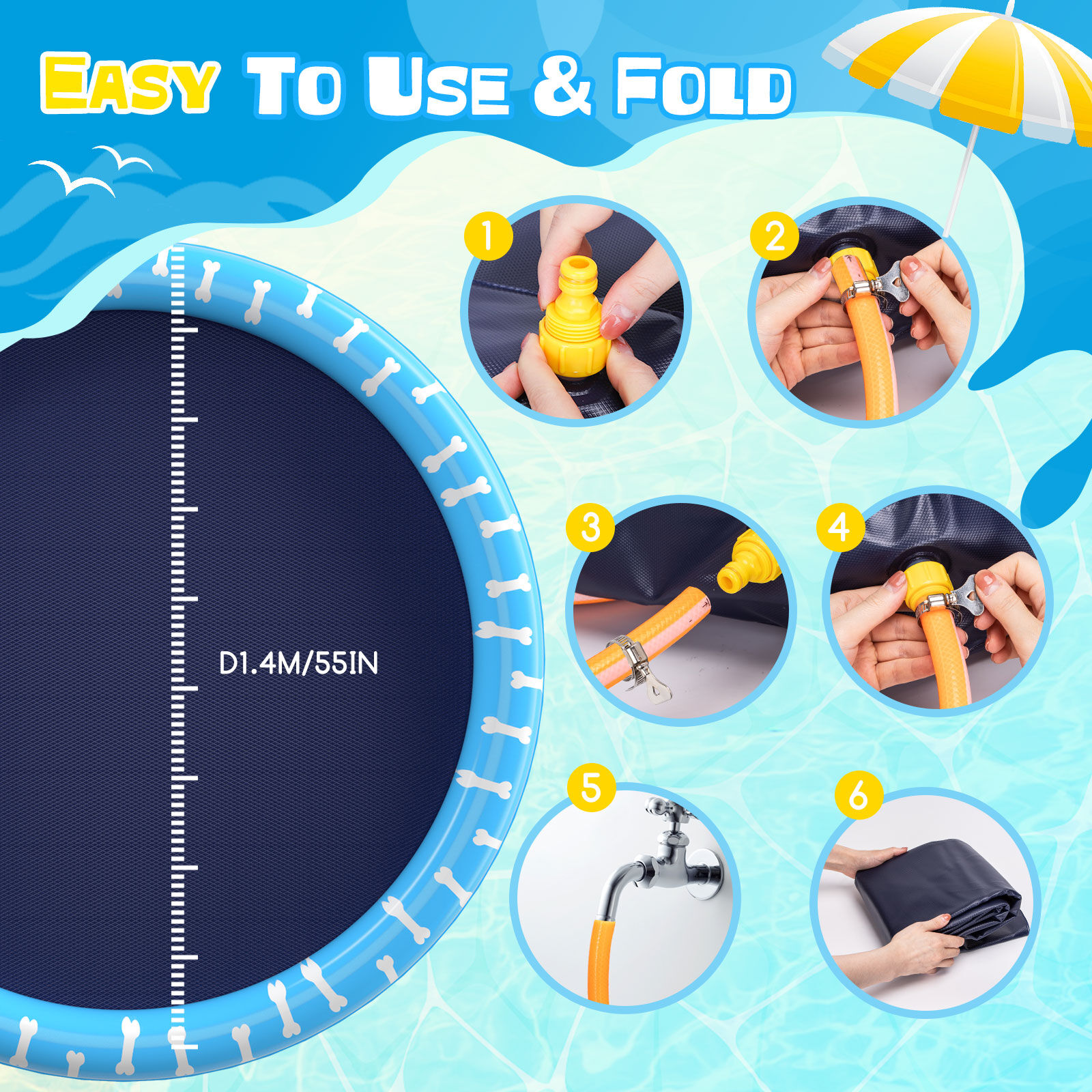 Nobleza Piscina para Perros Grandes, D170cm/66.9in Piscina Plegable para Perro, Splash Pad Perro, Espesar 0.55mm, Antideslizante Tapete de Juegos de Agua, Juguete de Verano para Jard&iacute;n al Aire Libre(1), , large Imagen numero 5