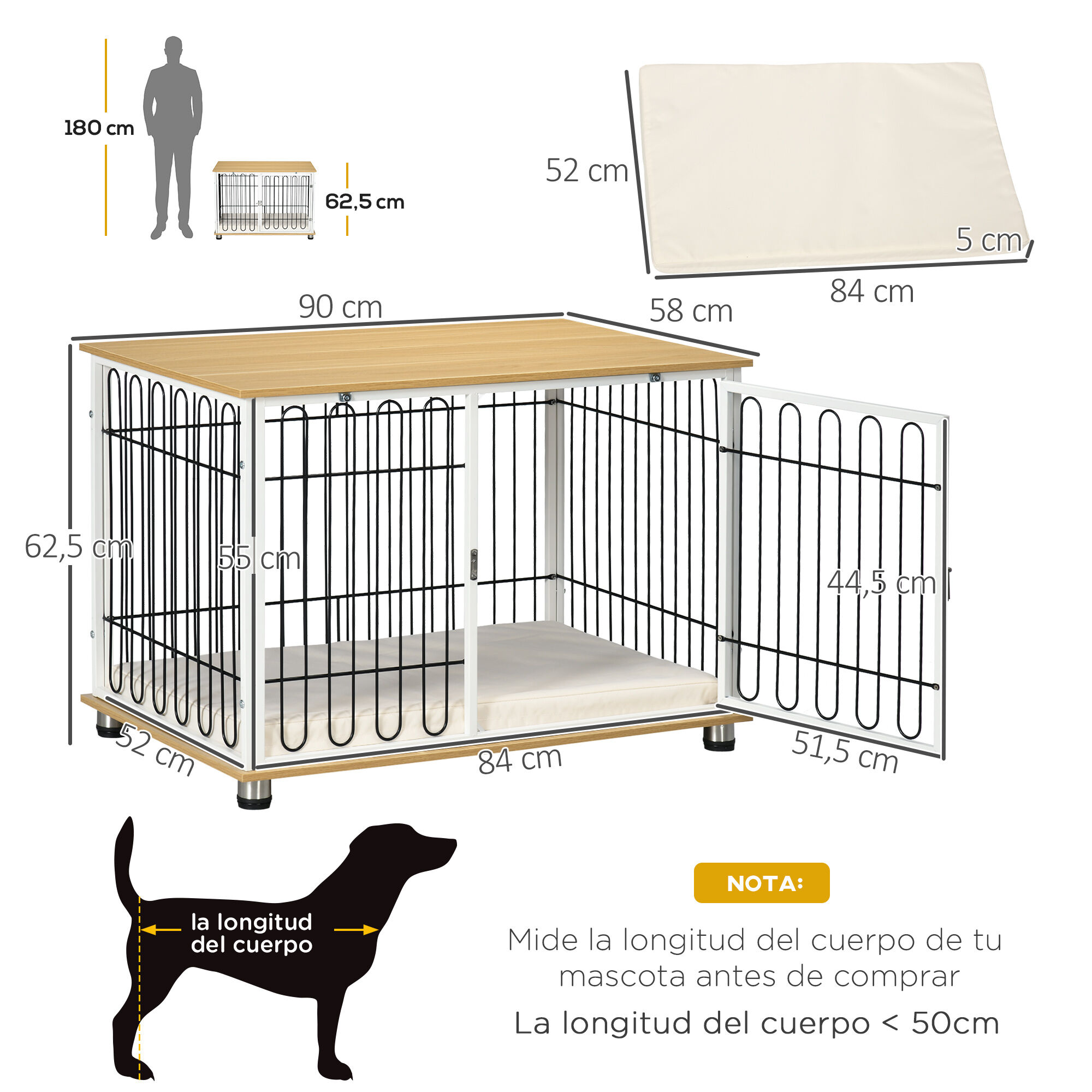 PawHut Jaula para Perros para Interior en Casa 90x58x62,5 cm Mueble Perrera Superficie Mesa Auxiliar con Coj&iacute;n Lavable Puerta con Cerradura y Rejillas de Acero Roble, , large Imagen numero 3