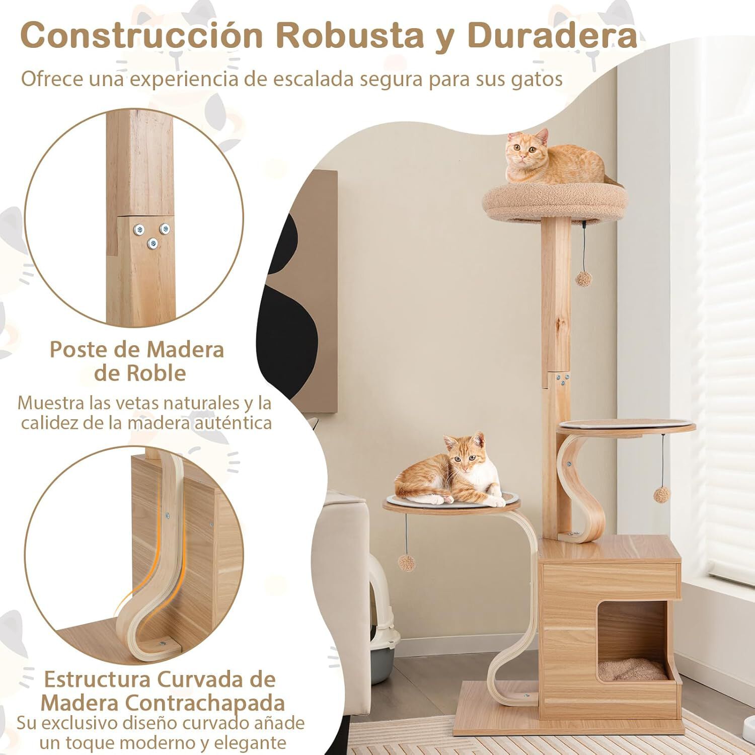COSTWAY Rascador para Gatos de 129 cm, &Aacute;rbol para Gatos con Poste de Madera Maciza, Marco de Madera Contrachapada Curvada, Condominio, Percha, Cojines Lavables, Centro de Actividades de 4 Capas, , large Imagen numero 2