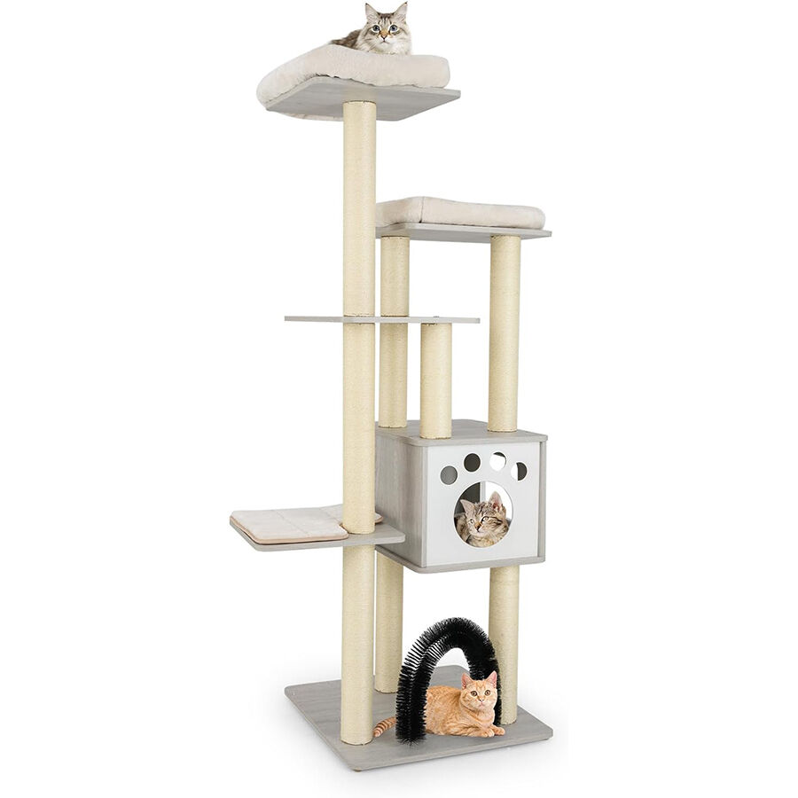 COSTWAY Árbol para Gatos de Interior Moderno, Árbol para Gatos de 6 Niveles con 2 Perchas, Arco para Gatos Que los Cepilla Automáticamente, Torre de Madera para Gatos, Alfombrillas Lavables (Gris) thumbnail