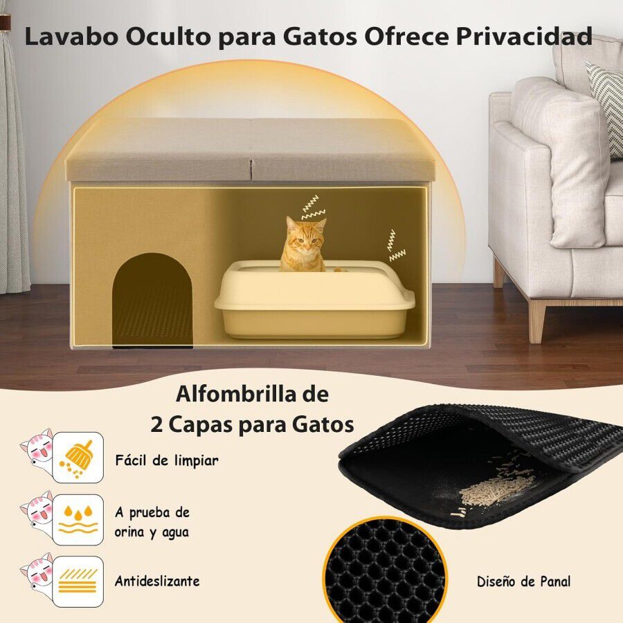 COSTWAY Banco con Arenero para Gatos, Banco De Almacenamiento con Estera de Arena a Prueba de Orina y Filtro de Carb&oacute;n, Cajas de Arena Impermeable 90 x 50 x 50 cm (Beige), , large Imagen numero 2