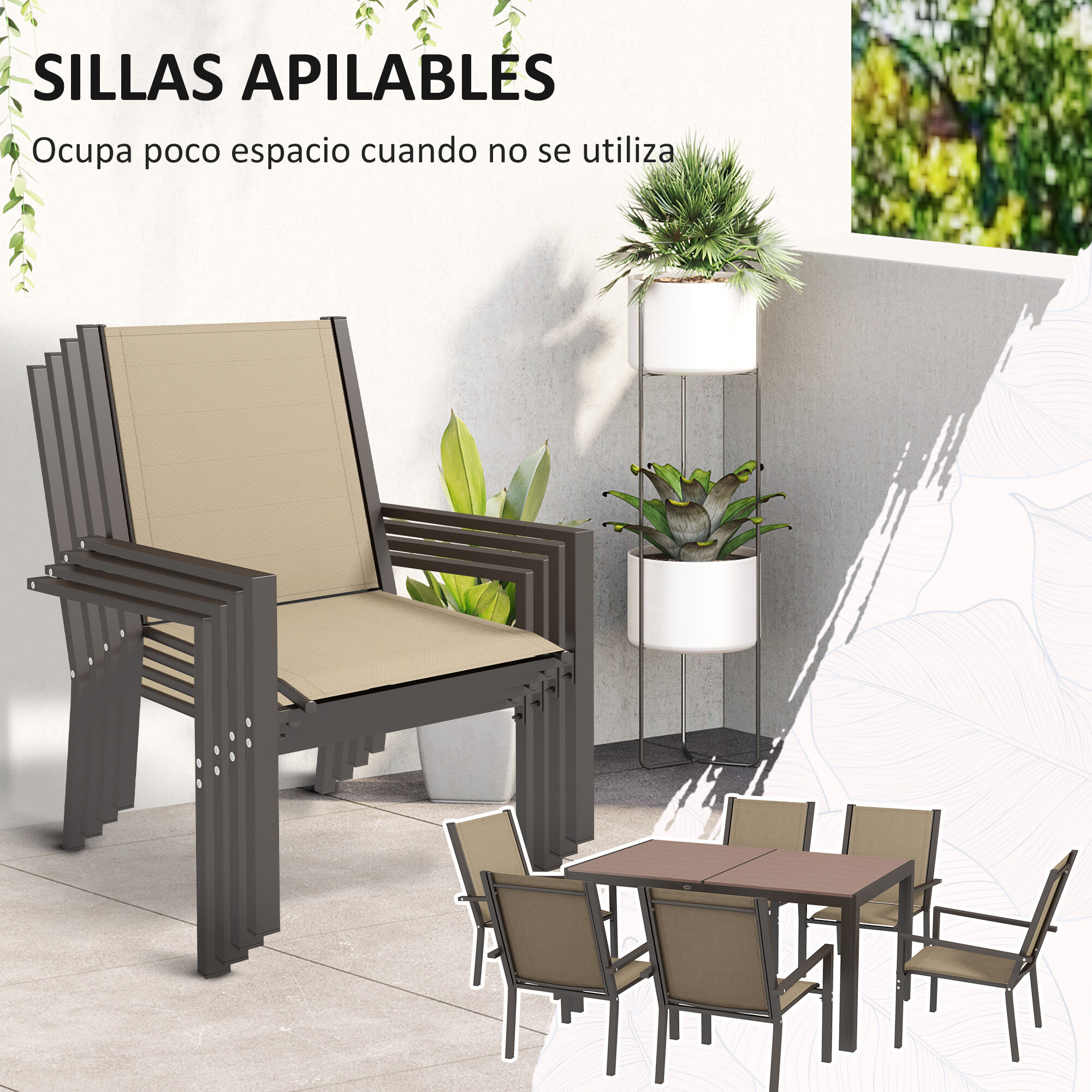 Outsunny Conjunto de Comedor de Exterior de 7 Piezas Conjunto de Mesa y 6 Sillas de Jard&iacute;n con Sillas Apilables y Marco de Acero para Terraza Patio Caqui, , large Imagen numero 4