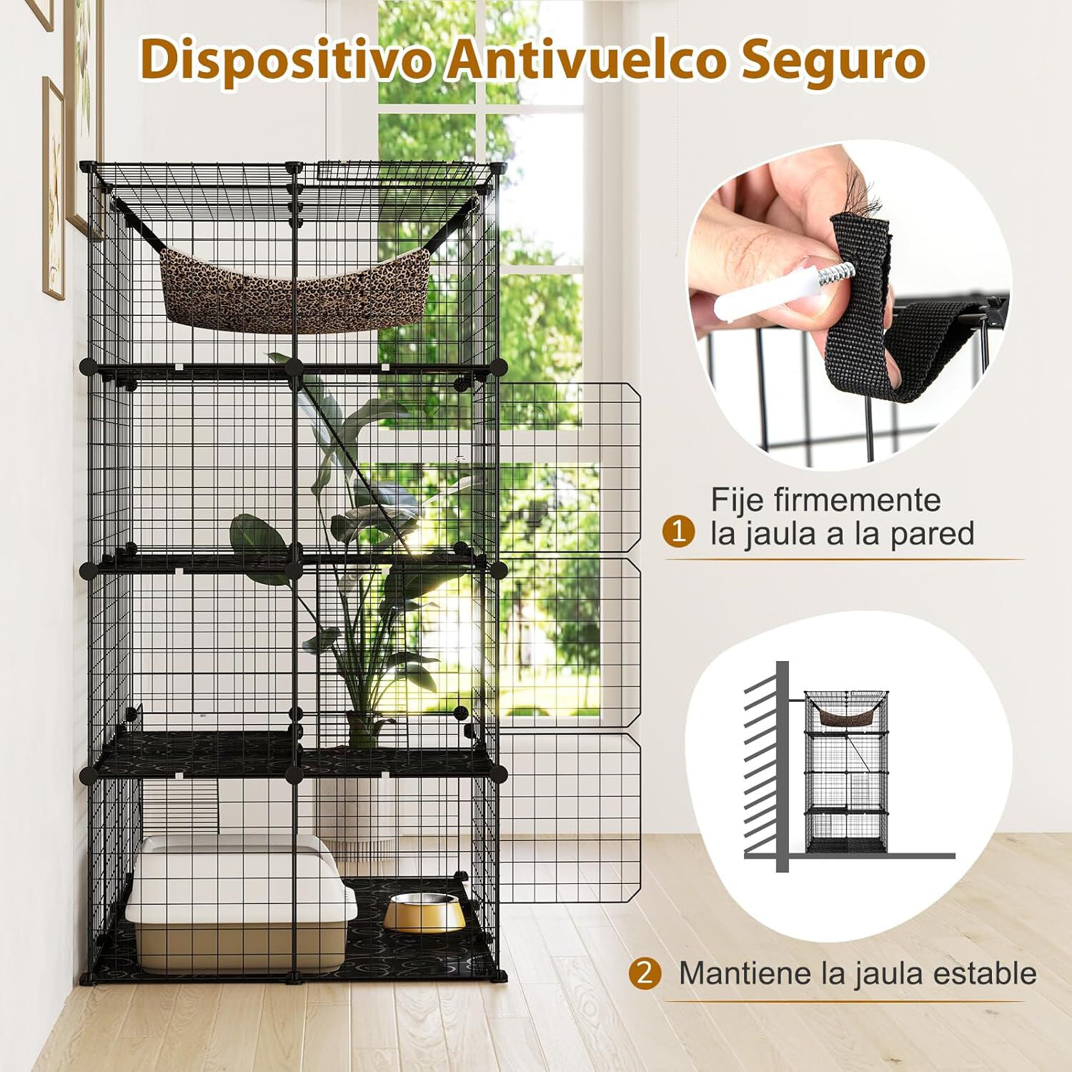COSTWAY Jaula para Gatos de 4 Niveles, Recintos Grande para Gatos con una Hamaca, 3 Escaleras, 4 Puertas y 1 Ventana en el Techo, Jaula Met&aacute;lica para Gatos de Interior (109,5 x 74,5 x 143 cm), , large Imagen numero 4