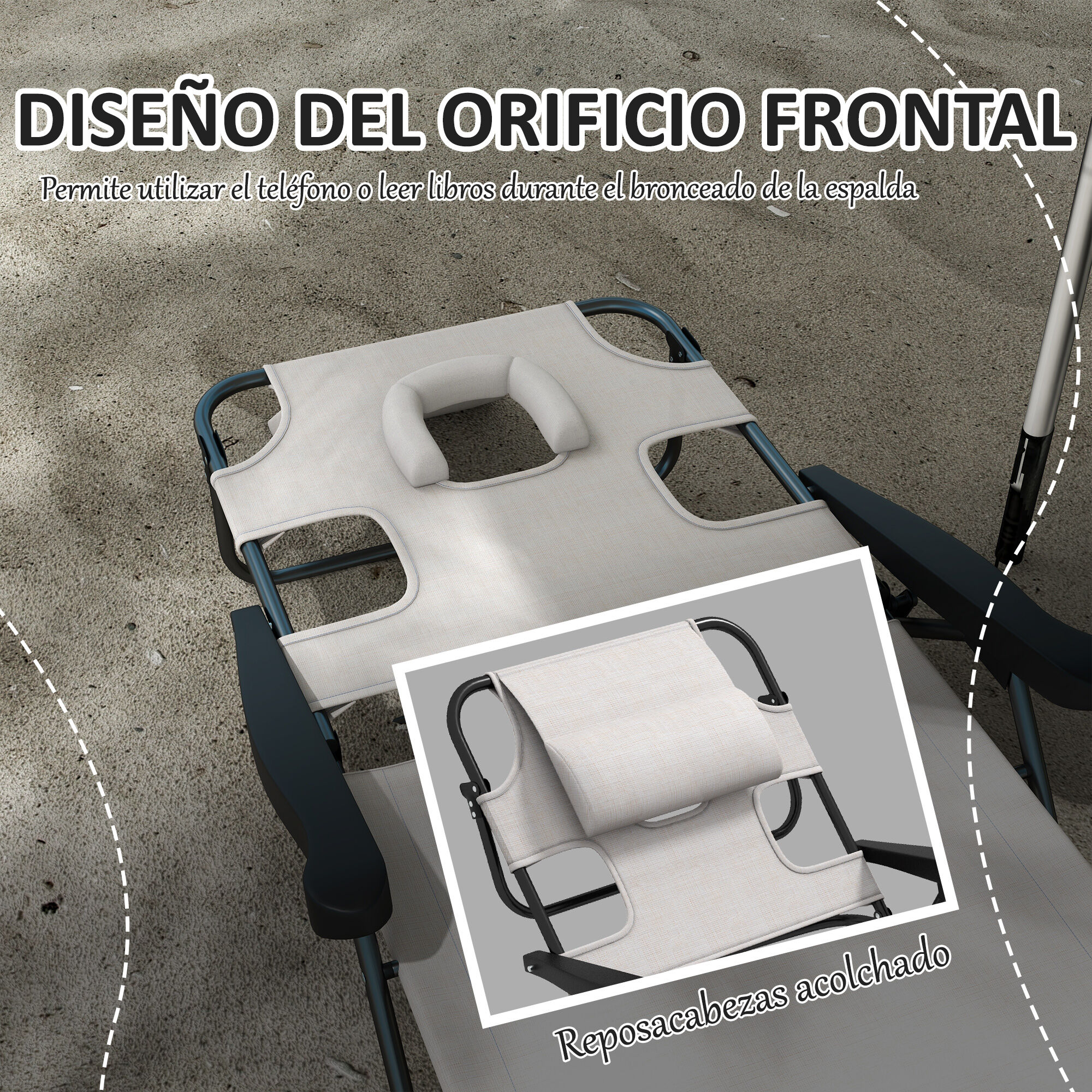 Outsunny Tumbona Plegable Tumbona de Jard&iacute;n con Respaldo Ajustable en 4 Niveles Orificio de Lectura y Reposacabezas para Terraza Piscina 194x72x31 cm Crema, , large Imagen numero 4