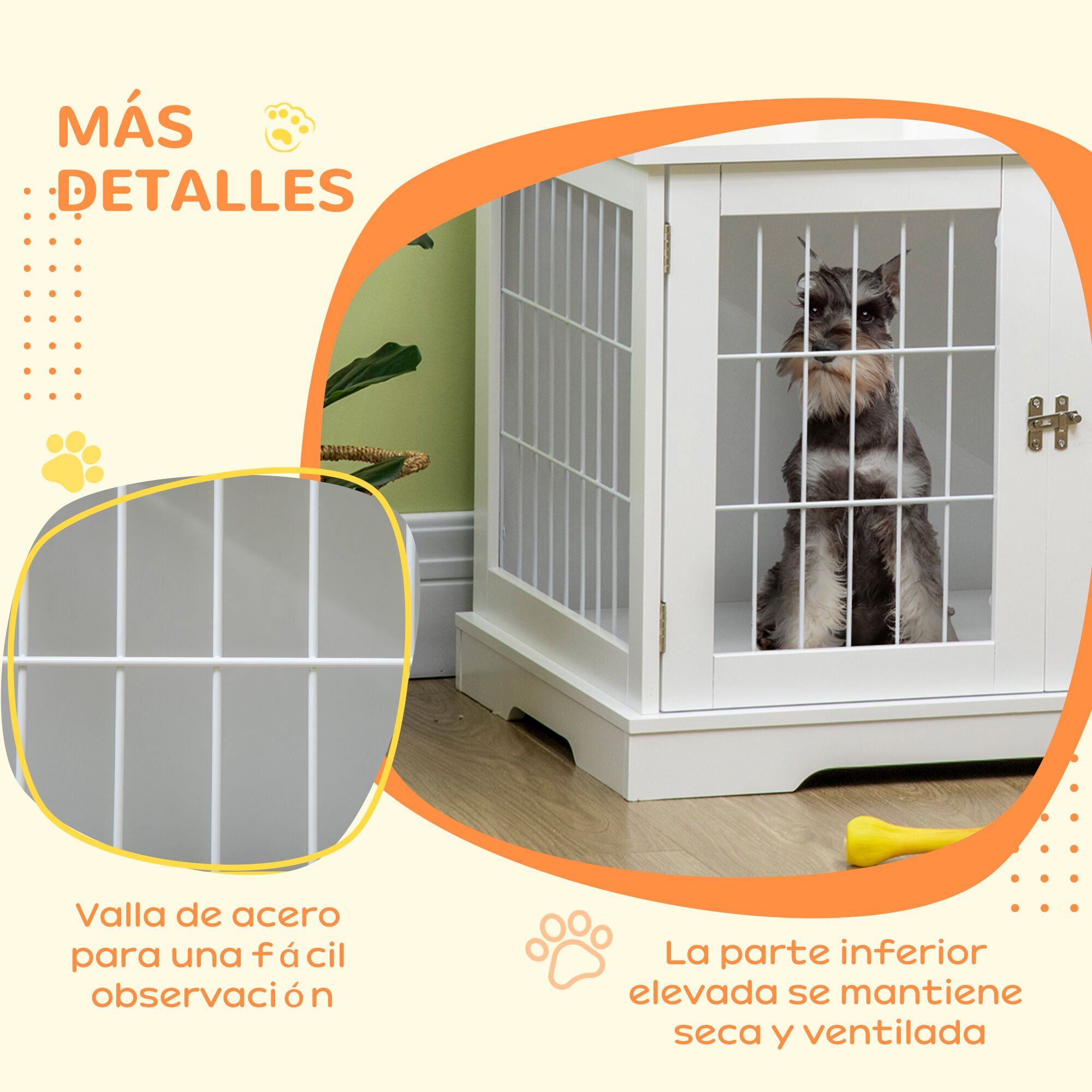 PawHut Conjunto para Mascotas Juego de Jaula para Perros de Madera con 2 Puertas y Comedero Elevado para Perros con 2 Cuencos Extra&iacute;bles de Acero 76x54,5x56 cm 44x24x15 cm Blanco, , large Imagen numero 5