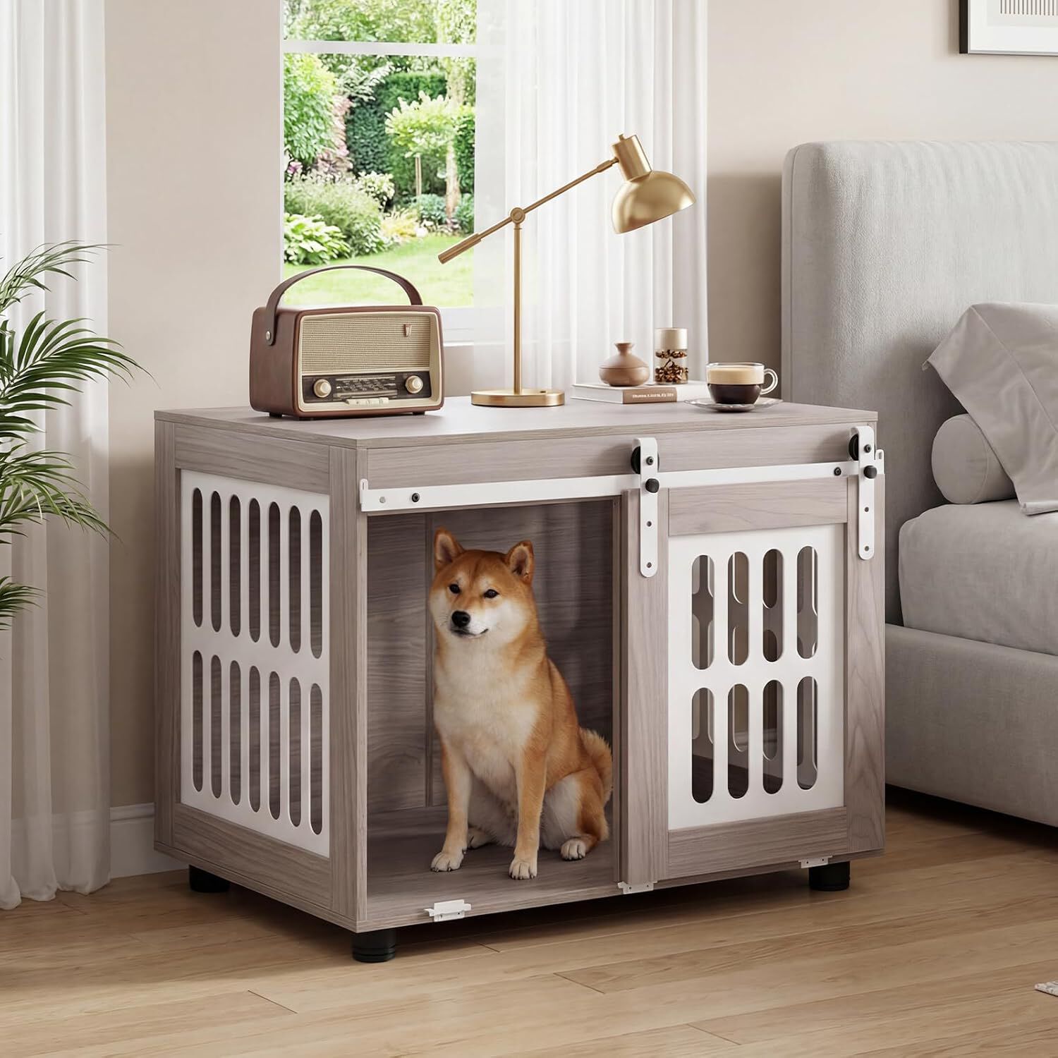 COSTWAY Jaula para Perros con Mesa Auxliar, Casa para Perros Interior con Puerta Corrediza, Mueble Jaula para Mascotas Medianas y Grandes, Capacidad hasta 30 kg, 80 x 56 x 62,5 cm, Gris, , large Imagen numero 2