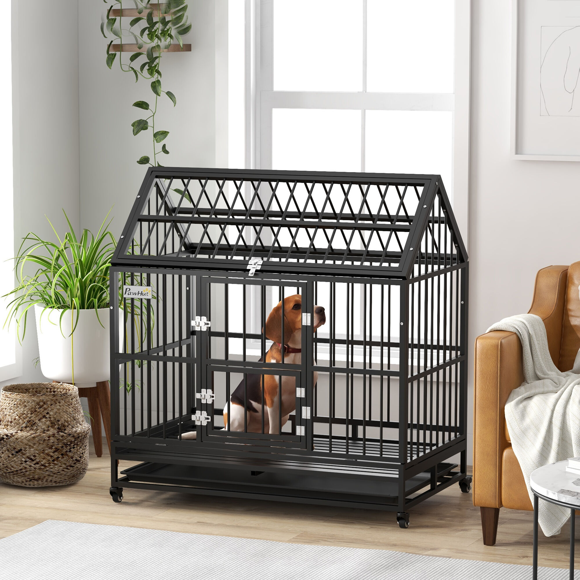 PawHut Jaula para Perros Grandes 123x74x125 cm Perrera Met&aacute;lica con Ruedas Bandeja Extra&iacute;ble Cerraduras 2 Puertas Frontal 1 Puerta en Techo y Marco de Acero Negro, , large Imagen numero 2