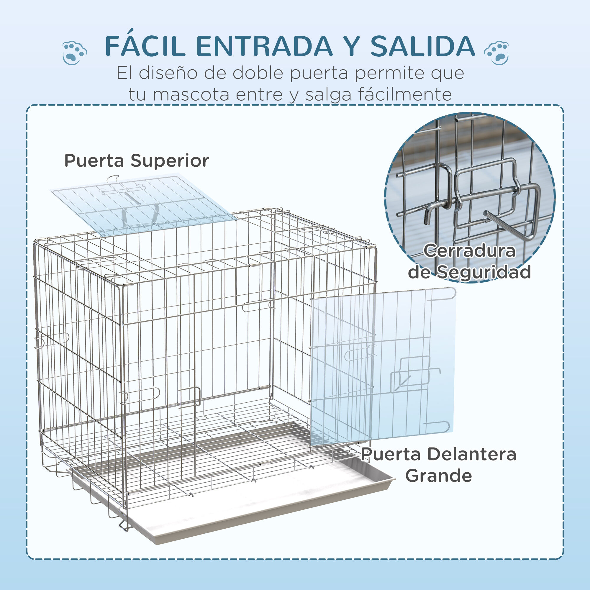 PawHut Jaula Plegable para Perros Perrera Met&aacute;lica 61x43x50 cm Jaula Met&aacute;lica para Perros con Bandeja Extra&iacute;ble y 2 Puertas con Pestillo Blanco, , large Imagen numero 4