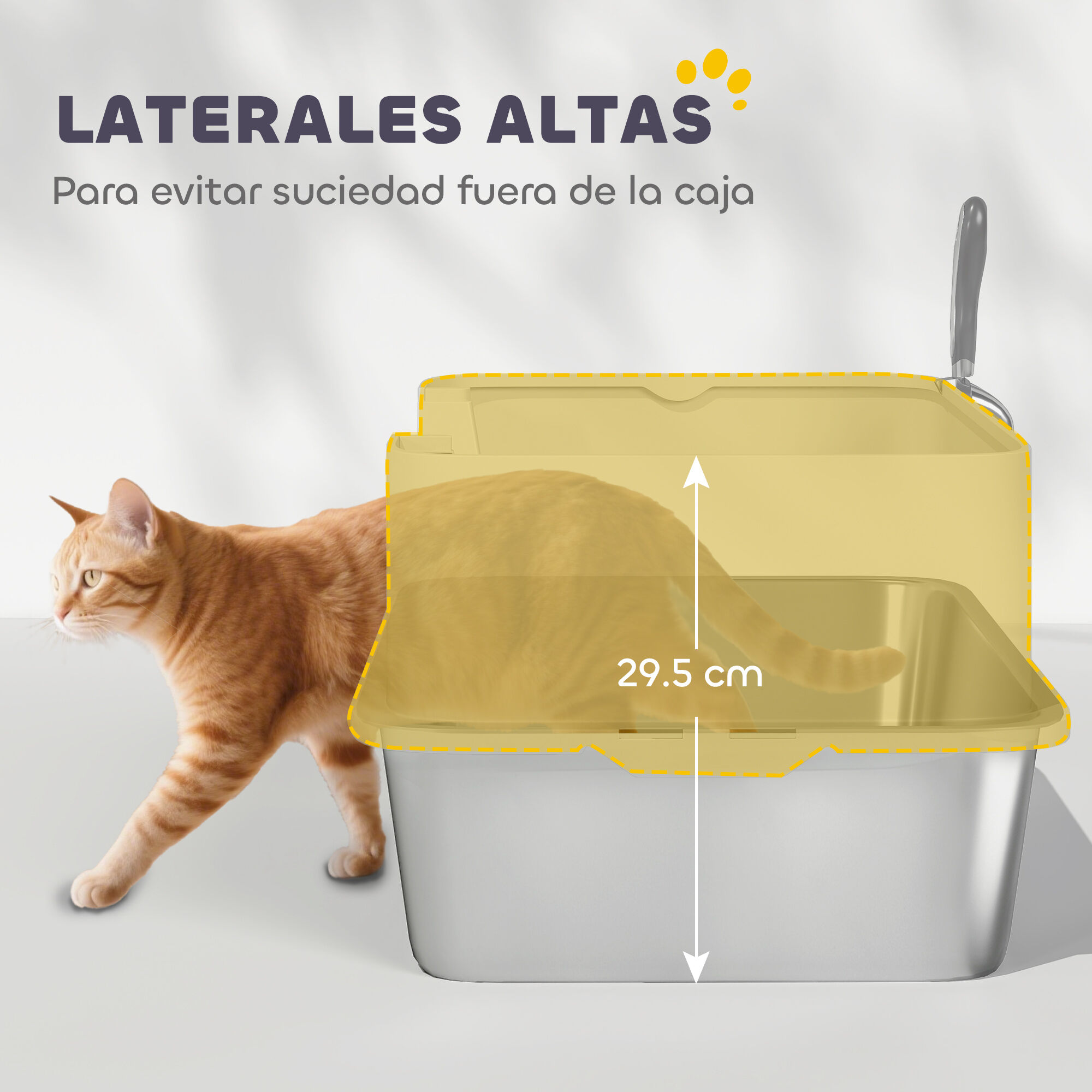 PawHut Arenero para Gatos de Acero Inoxidable XL Caja de Arena para Gatos Arenero con Borde Alto Pala F&aacute;cil de Limpiar Prueba de Fugas 60x40x29,5 cm Gris, , large Imagen numero 5