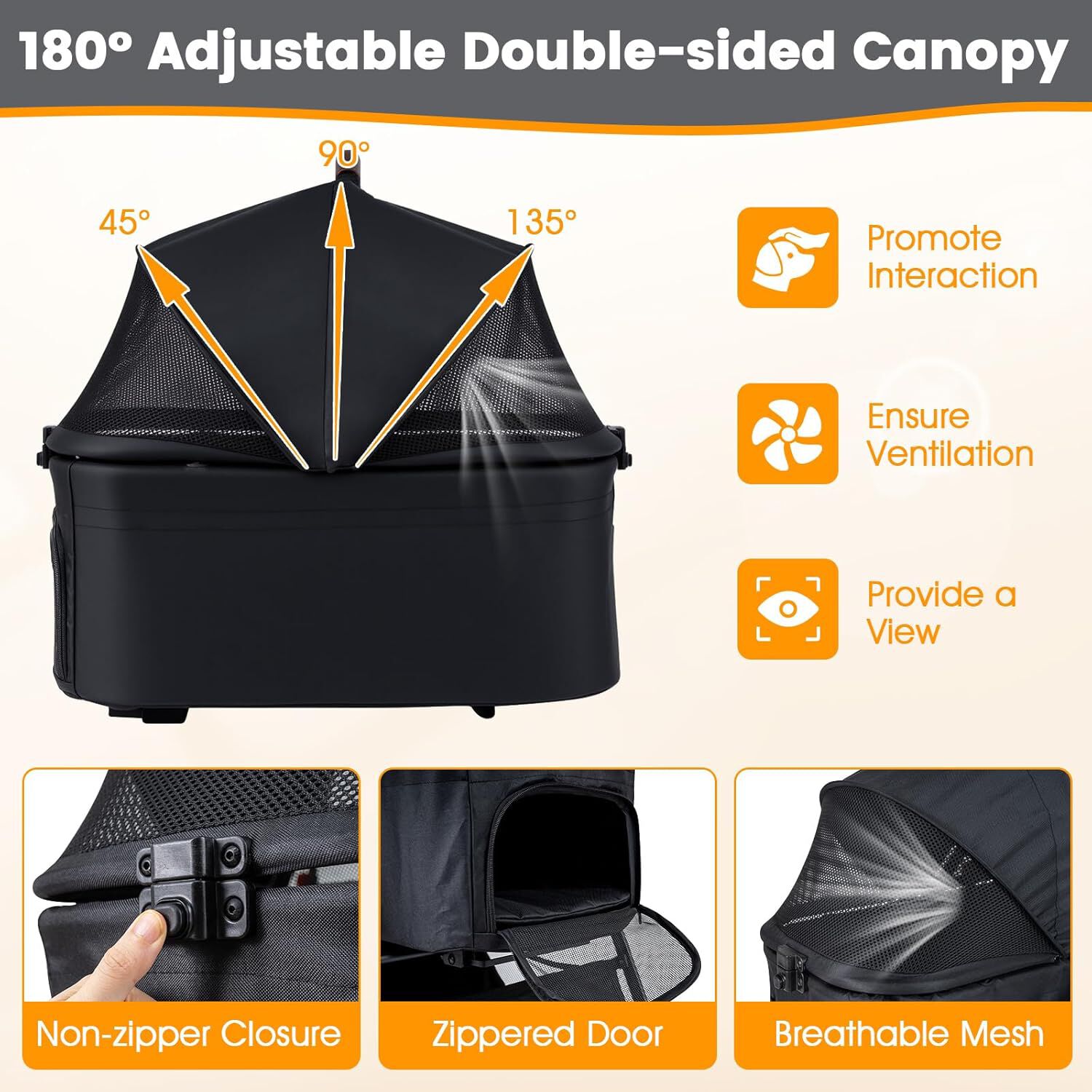 COSTWAY Carrito para Perros 3 en 1, Cochecito para Perros Plegable con Transport&iacute;n Desmontable, Toldo de Malla Ajustable, Cesta, Portavasos, Carro para Perro, Gato, Carga 15 kg, 76x53x100 cm (Negro), , large Imagen numero 3