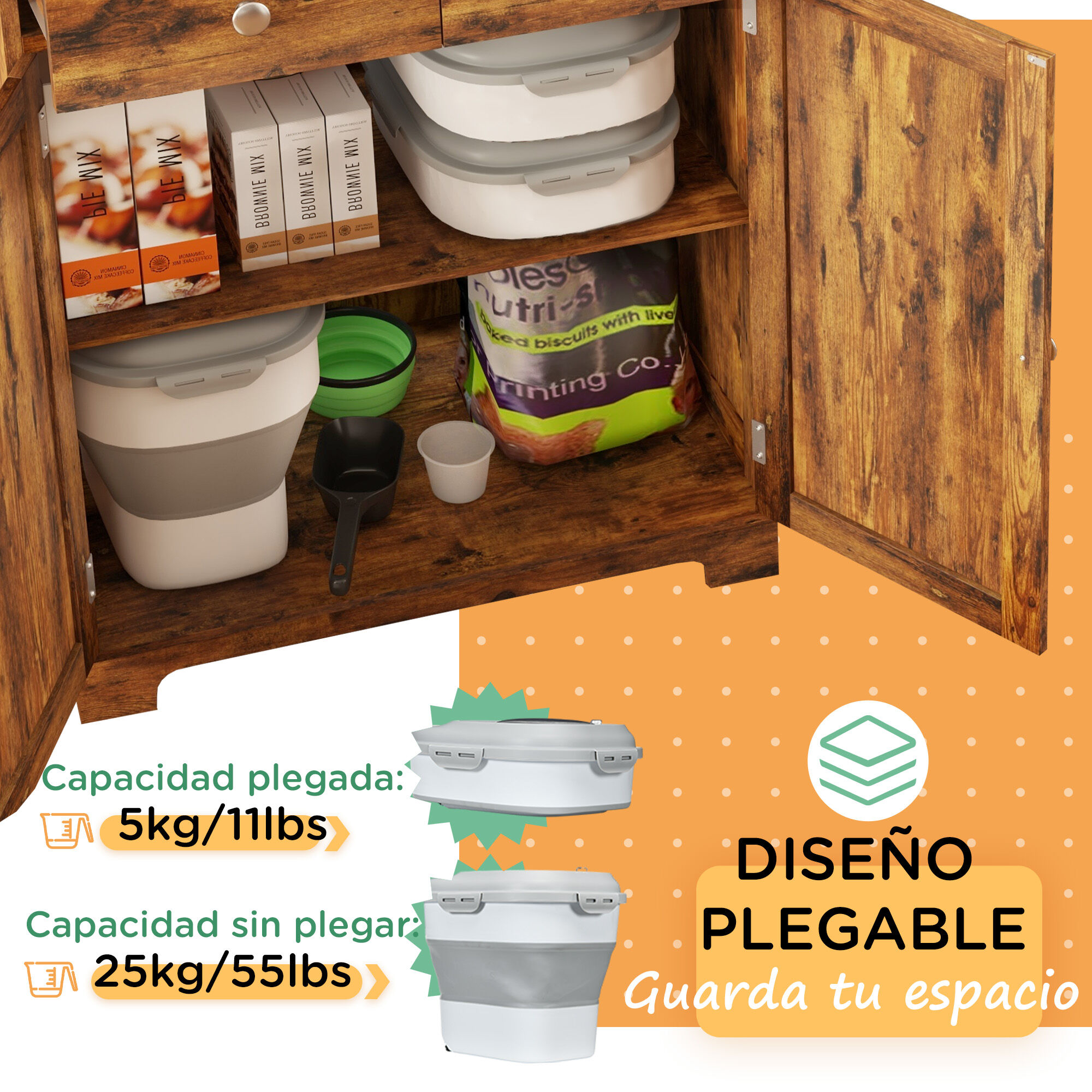 PawHut Contenedor de Comida para Perros Plegable 25L Contenedor de Pienso con Ruedas Taza Medidora Cuenco Plegable y Cuchara Contenedor de Comida para Mascotas Gatos Gris, , large Imagen numero 5