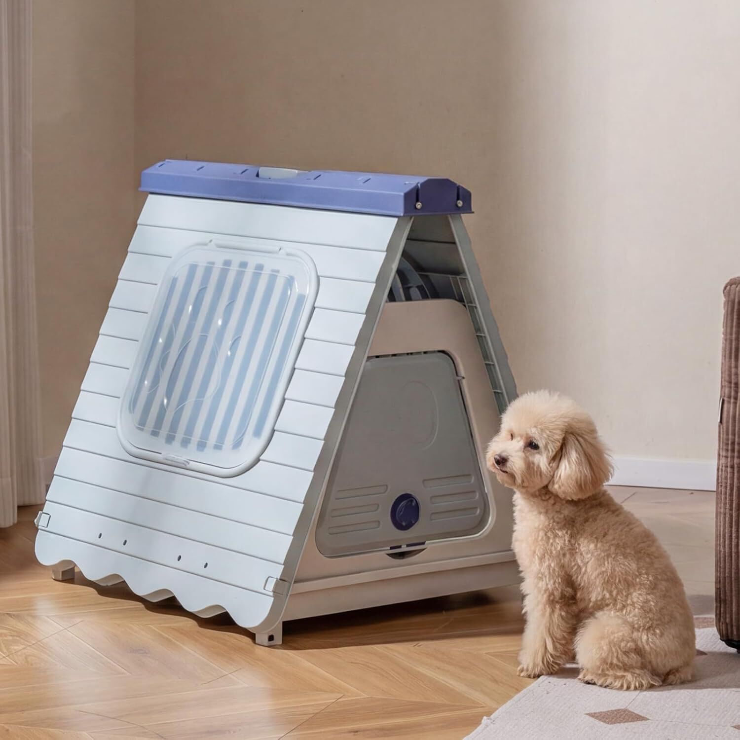 COSTWAY Caseta Perros para Exterior, Casa Plegable de Pl&aacute;stico para Perros con Puerta de Solapa Bloqueable, Ventanas, Base Elevada, Refugio Port&aacute;til Impermeable para Mascotas, 72 x 60 x 68 cm (Azul), , large Imagen numero 2