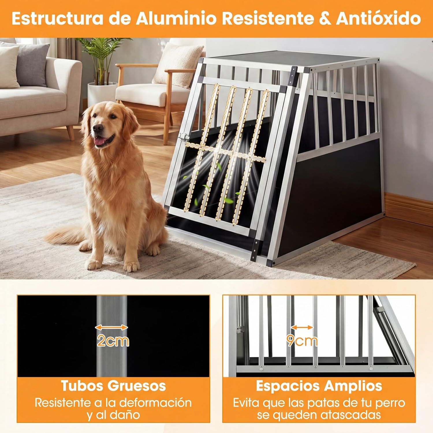 COSTWAY Transport&iacute;n para Perros y Gatos, Jaula para Perros de Aluminio con Cerradura y Separador, Transport&iacute;n de Viaje para Perros Peque&ntilde;os y Medianos, Resistente a Mordeduras (91x65x69,5 cm), , large Imagen numero 3