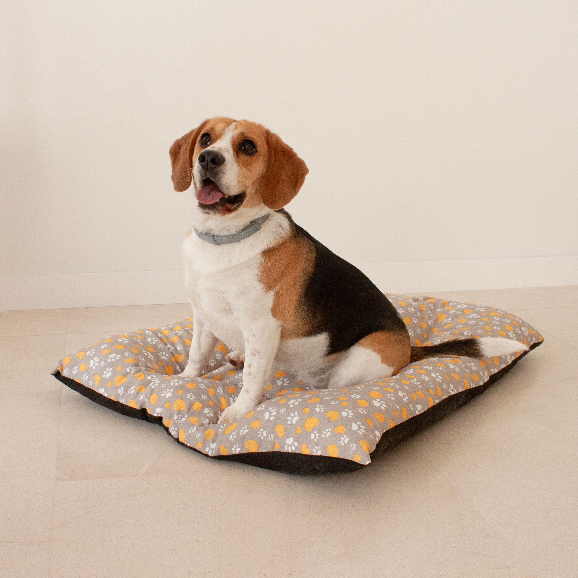 Coj&iacute;n para Mascota Grande Acolchado Relleno. Color Gris con Corazones Amarillos y Huellas Blancas. 85x70x10 cm, , large Imagen numero 4