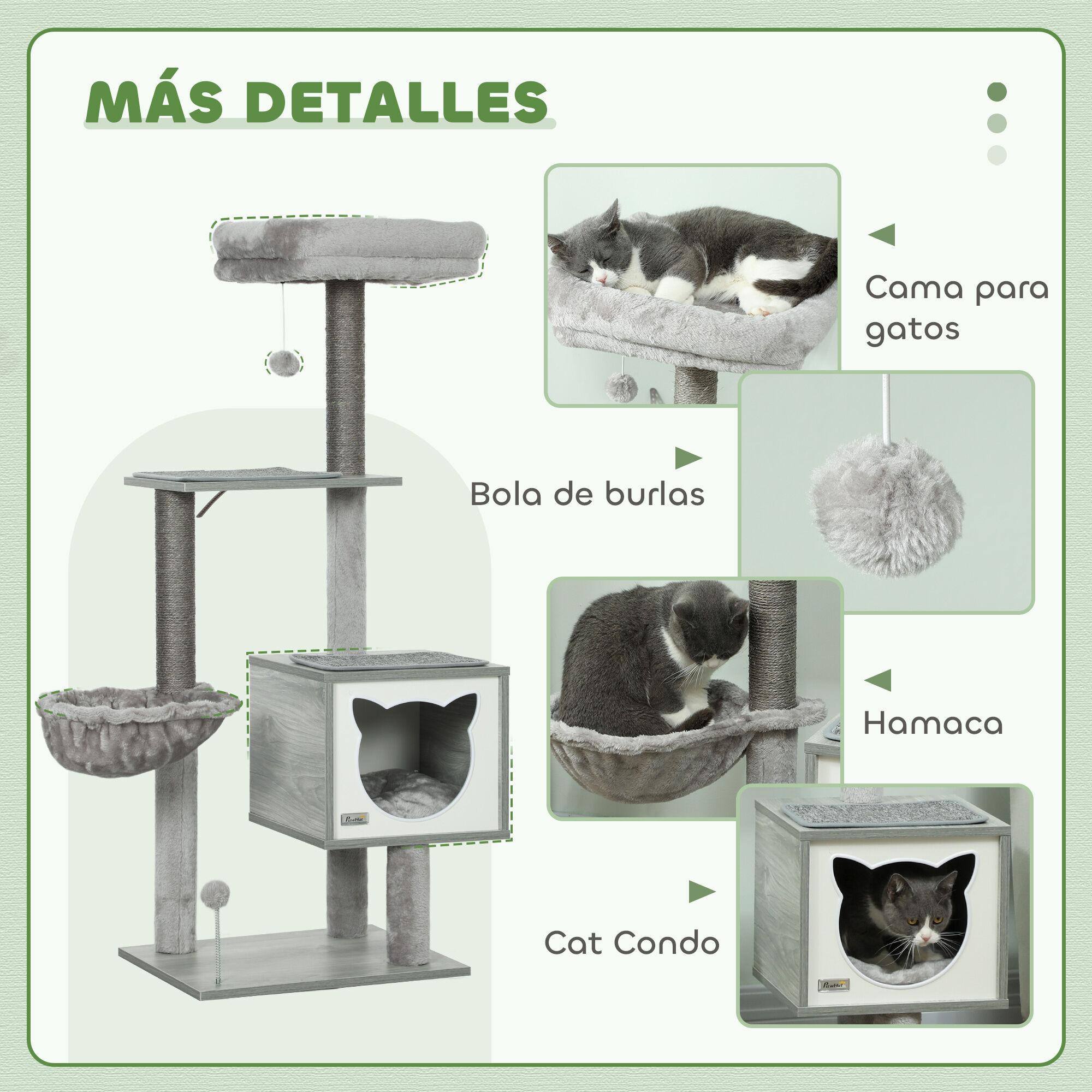 PawHut Árbol Rascador para Gatos, Árbol para Gatos 126 cm, Torre Escalador con Plataformas, Hamaca, Cueva, Cama, Postes de Sisal, Bolas y Cojines Lavables, Gris thumbnail