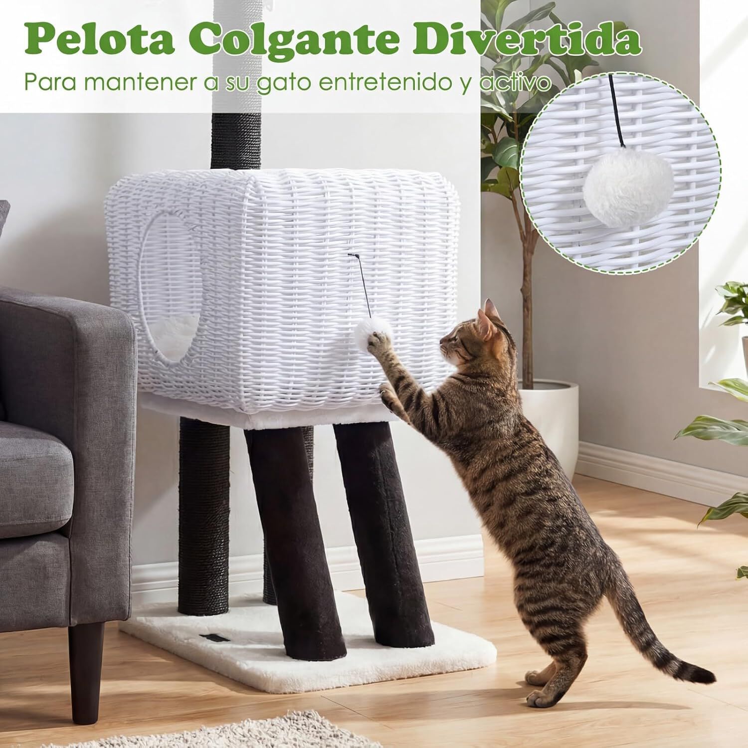 COSTWAY &Aacute;rbol para Gatos de Interior, 110 cm Condominio de Rat&aacute;n PE para Gatitos con Postes Rascadores de Sisal, Coj&iacute;n de Felpa, Bola Colgante y 2 Entradas, Torre en Forma Cordero para Gatos, , large Imagen numero 4