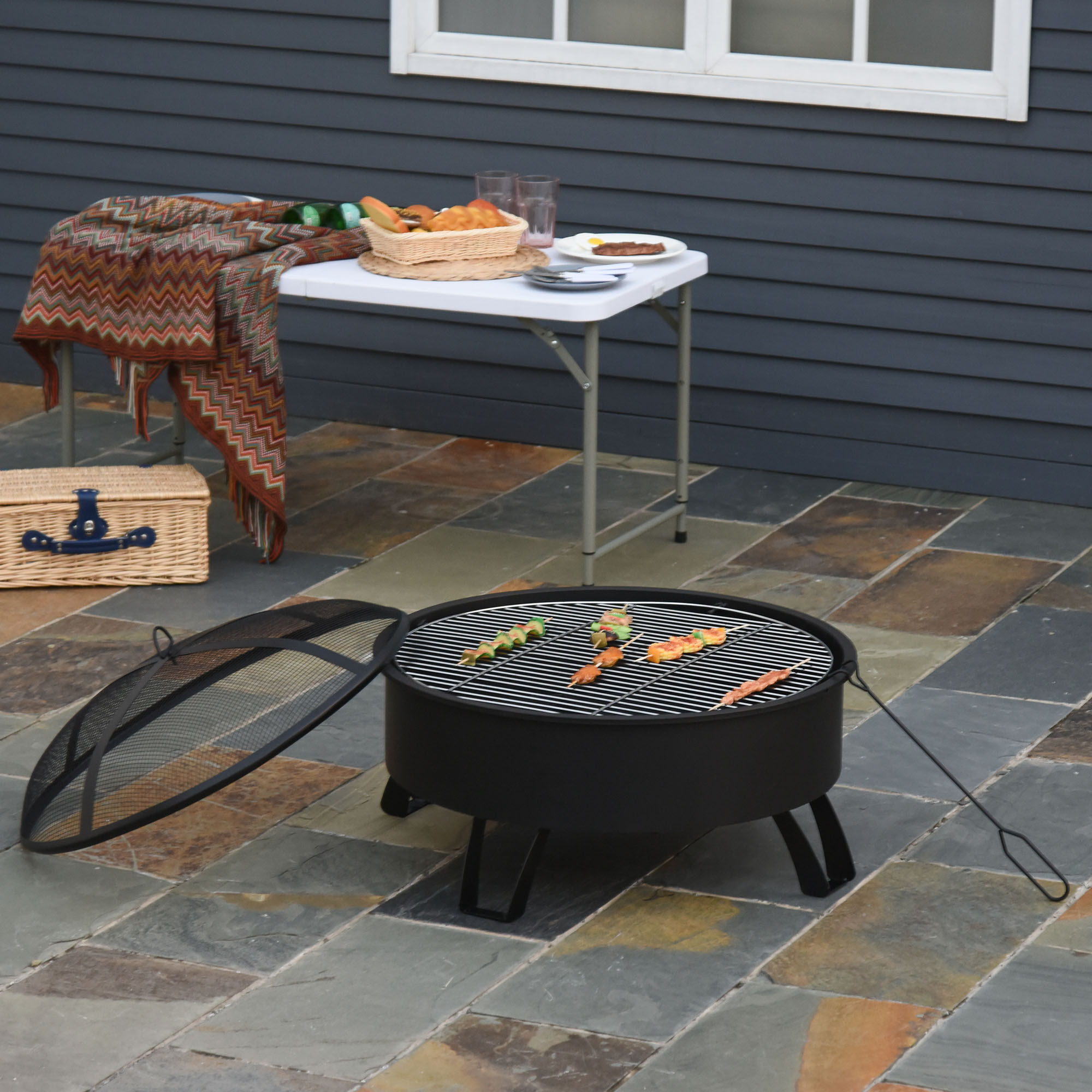 Outsunny Brasero Exterior &Oslash;76x49,5 cm 2 EN 1 Profundidad del Cuenco 18 cm con Rejilla de Cocina Parrilla para Barbacoa Calefacci&oacute;n Tapa de Malla Atizador de Fuego para Patio Jard&iacute;n Negro, , large Imagen numero 2