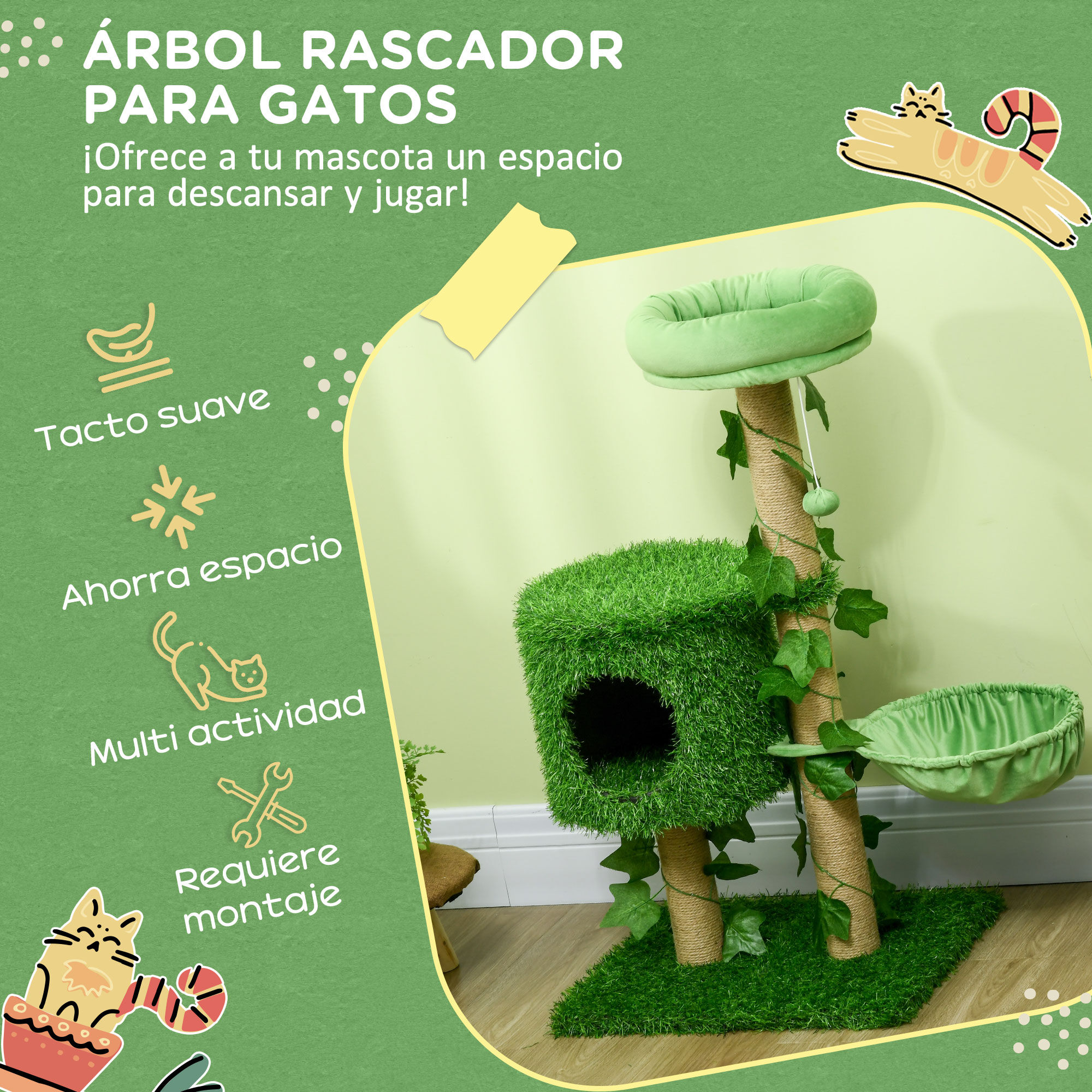 PawHut &Aacute;rbol Rascador para Gatos 91 cm Torre para 1-2 Gatos con Caseta Cama Hamaca Poste de Yute y Bola Colgante 50x40x91 cm Verde, , large Imagen numero 4