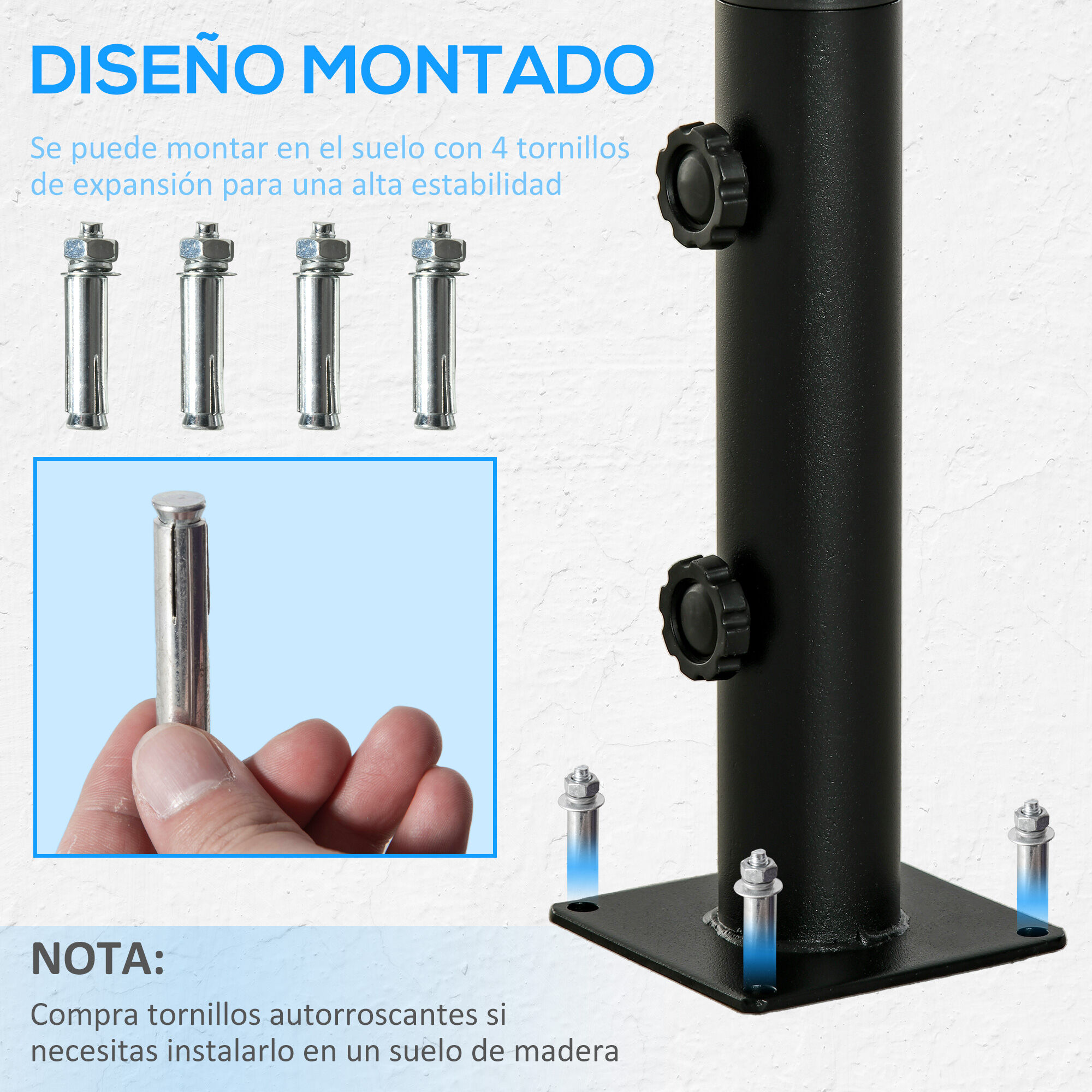 Outsunny Soporte de Parasol para Suelo de Cemento con 2 Botones de Bloqueo y 4 Tornillos de Expansi&oacute;n Base de Sombrilla para Palo de Paraguas de 34/38/48mm 12x12x30 cm Negro, , large Imagen numero 4