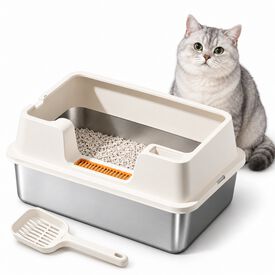 Arenero XL de acero inoxidable para gatos con bordes altos, blanco roto, 60 &times; 40 &times; 27 cm