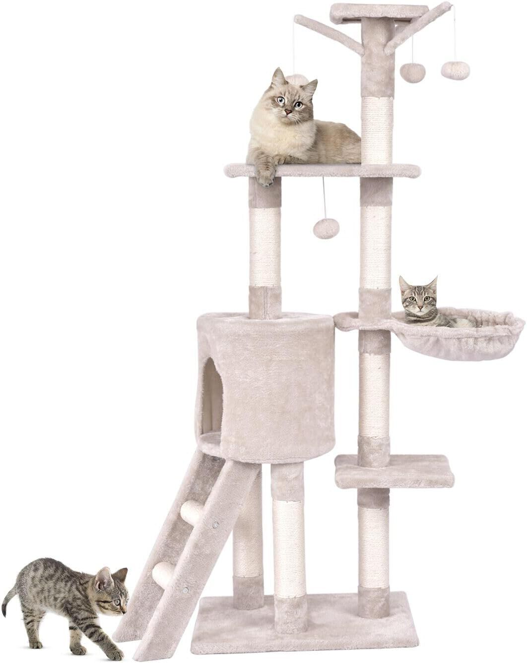 COSTWAY Árbol Rascado para Gatos de 140 cm de Altura, Torre Multinivel para Gatos con Postes de Sisal, Plataformas, Nido, Hamaca, Escalera y Bola, Centro de Actividades para Gatos de Interior, Beige thumbnail