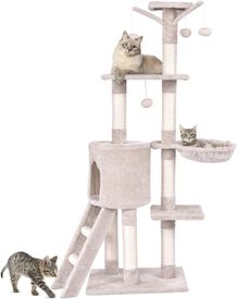 COSTWAY Árbol Rascado para Gatos de 140 cm de Altura, Torre Multinivel para Gatos con Postes de Sisal, Plataformas, Nido, Hamaca, Escalera y Bola, Centro de Actividades para Gatos de Interior, Beige