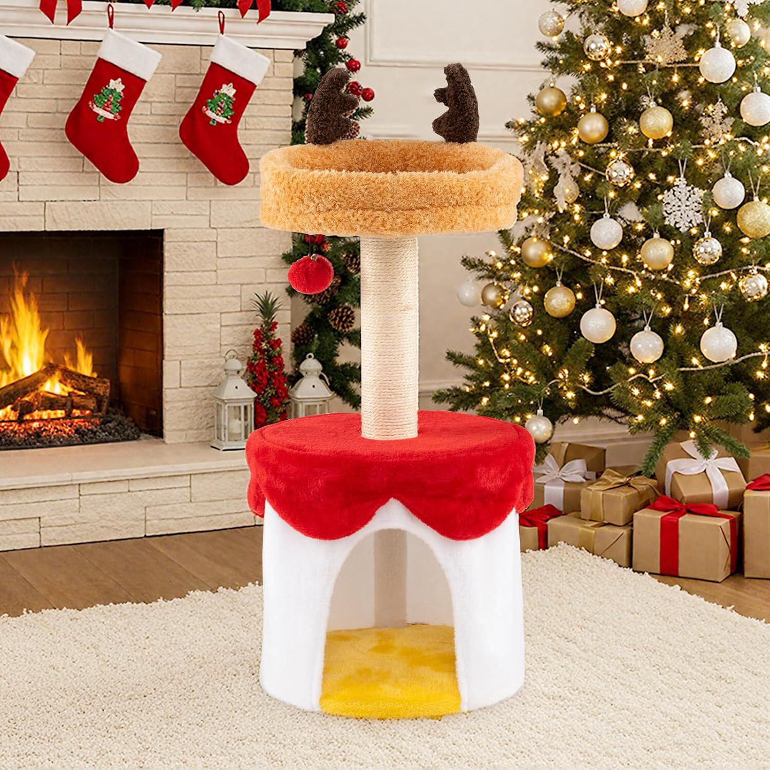 COSTWAY &Aacute;rbol de Navidad para Gatos, 80 cm Torre Gatos Navide&ntilde;o con Rascador de Sisal, Pelota Colgante, Coj&iacute;n Suave, Acolchado Felpa, Rascador Gato en Forma de Reno con Cama para Decoraci&oacute;n Navide&ntilde;a, , large Imagen numero 2