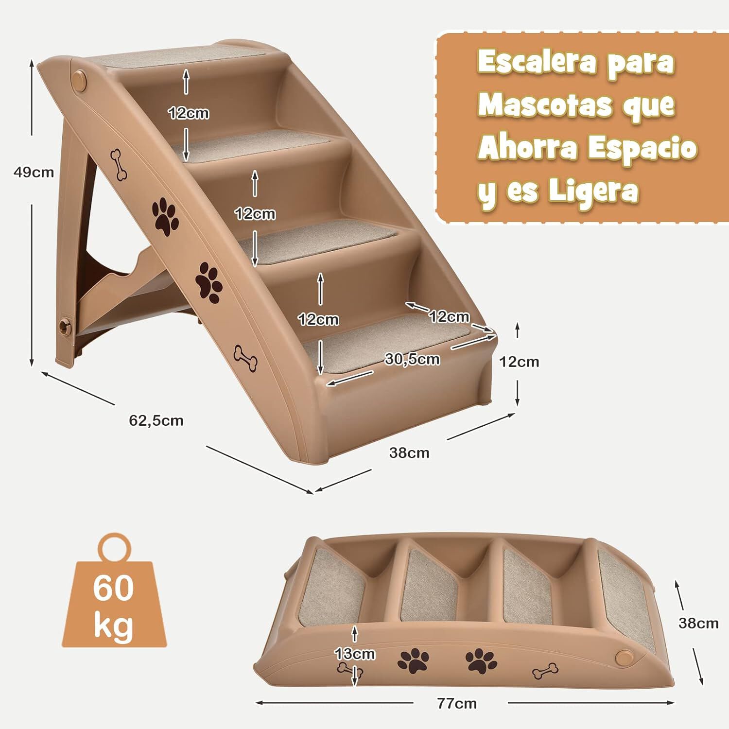 COSTWAY Escalera de Pl&aacute;stico Plegable para Mascotas con 4 Pelda&ntilde;os, Fieltro Blando, Ideal para Mascotas de Talla Peque&ntilde;a y Mediana (marr&oacute;n), , large Imagen numero 4