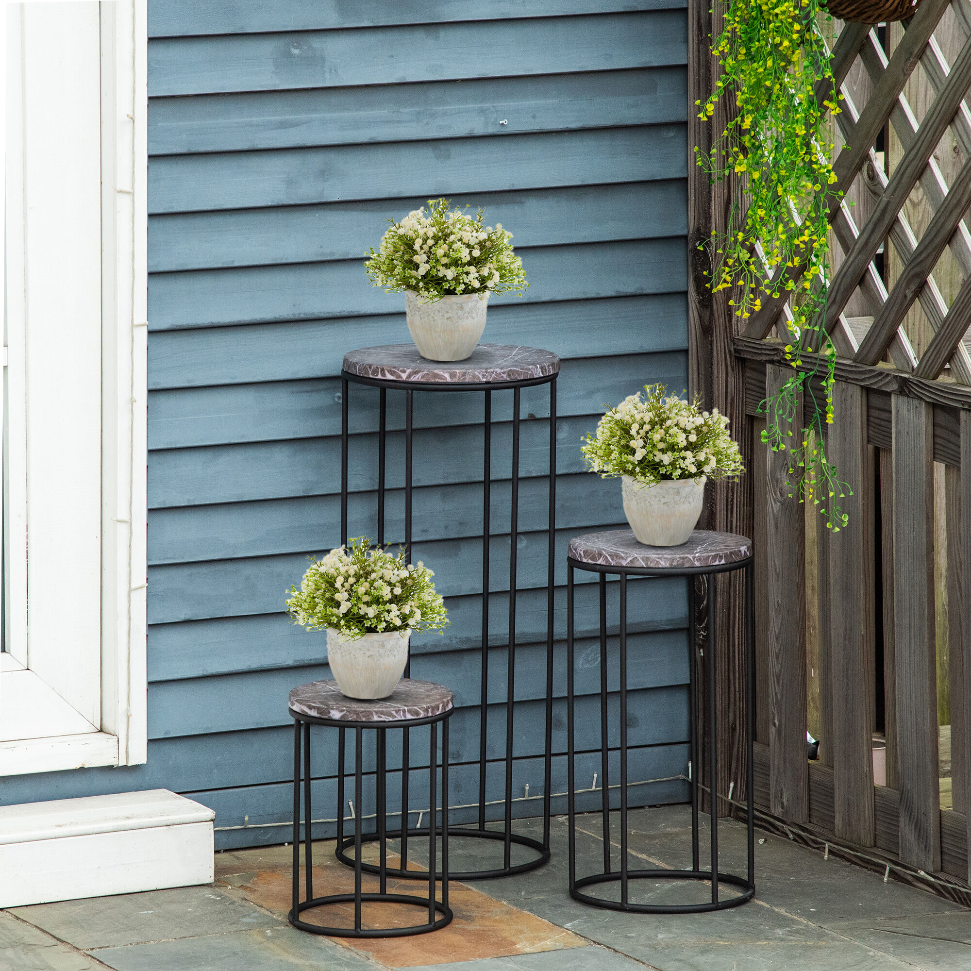 Outsunny Soportes para Plantas de Metal 3 Piezas Apilables Estantes Porta Macetas Decorativos con Efecto de M&aacute;rmol para Interiores y Exteriores &Oslash;30,5x70,5 cm Gris y Negro, , large Imagen numero 2