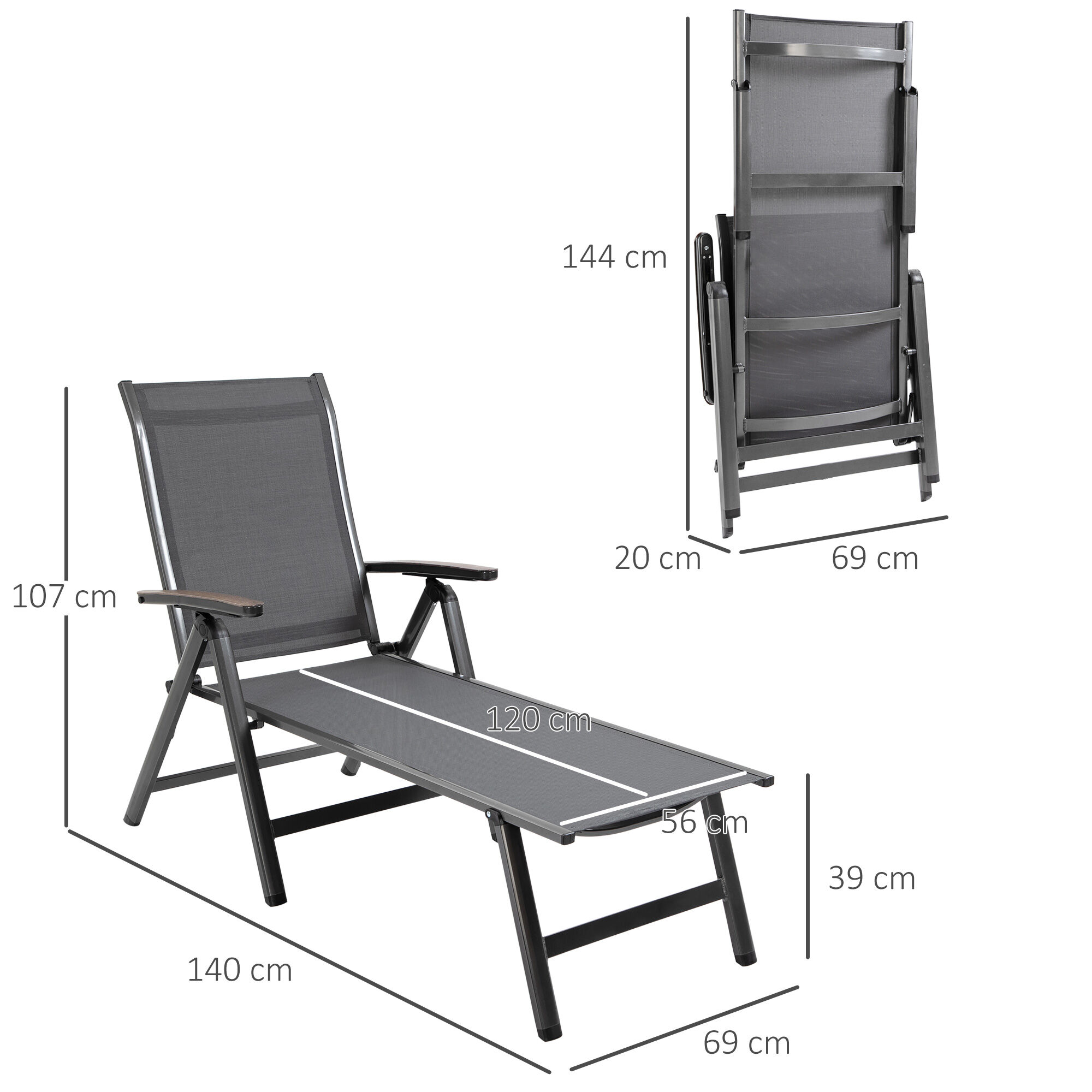 Outsunny Tumbona de Jard&iacute;n Plegable Tumbona Relinable de Aluminio con Respaldo Ajustable en 5 Posiciones para Terraza Piscina Exterior Carga M&aacute;x. 150 kg 69x140x107 cm Gris, , large Imagen numero 3