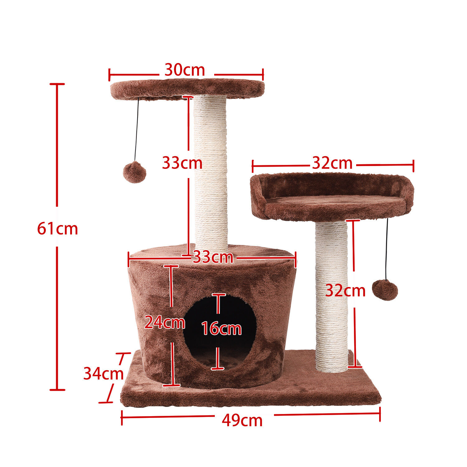 Nobleza - &Aacute;rbol rascador para gatos de dos plataformas con cueva y juguetes colgantes. Color marr&oacute;n, 60 cms., , large Imagen numero 5