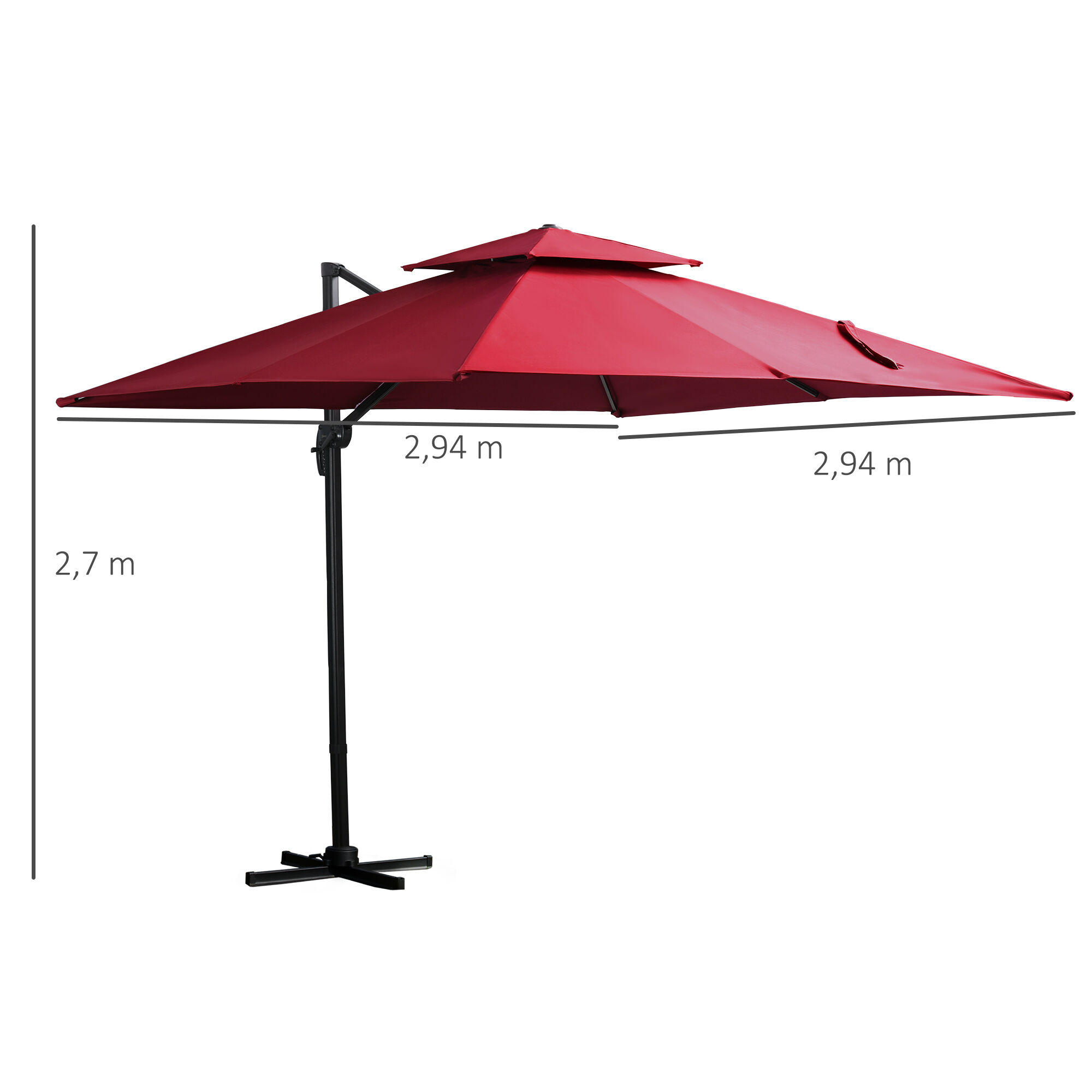 Outsunny Sombrilla de Jard&iacute;n 300x300 cm Parasol de Aluminio con Manivela Poste Giratorio 360&deg; Doble Techo Inclinable en 6 Posiciones y Base Cruzada Incluida Rojo, , large Imagen numero 3