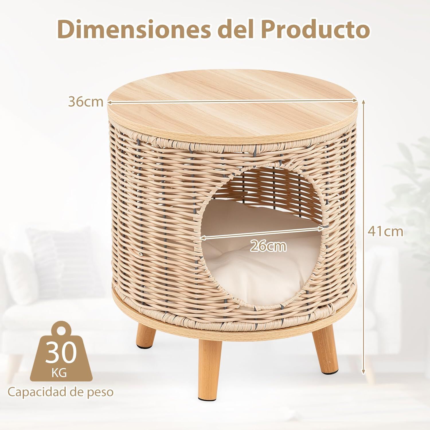 COSTWAY Casa para Gatos con Cojín Desmontable, Ratán Transpirable, Patas de Madera de Caucho Antideslizantes, Multifuncional como Recinto para Caja de Arena y Reposapiés, Ideal para Interior thumbnail