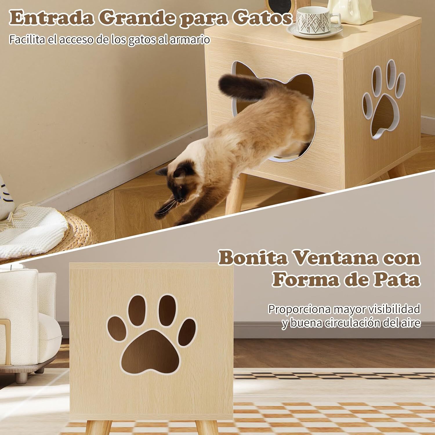 COSTWAY Mueble Arenero para Gatos Medianos, 45 x 40 x 54 cm, Cajas de Arena para Gatos con Tapa Desmontable, Agujero y Ventana, Patas de Madera, Mesa Auxiliar Gato para Sal&oacute;n, Entrada, Dormitorio, , large Imagen numero 3