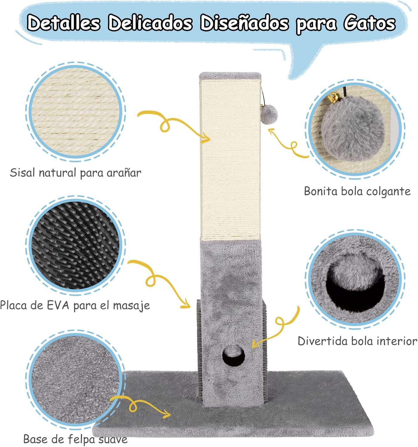 COSTWAY Rascador para Gatos con Juguete, Poste Rascador para Gatos con 79 cm de Altura, Ara&ntilde;ador para Gatos con Cuerda de Sisal y Plataforma de Masaje, Rascador de Madera de Ingenier&iacute;a, Gris, , large Imagen numero 3