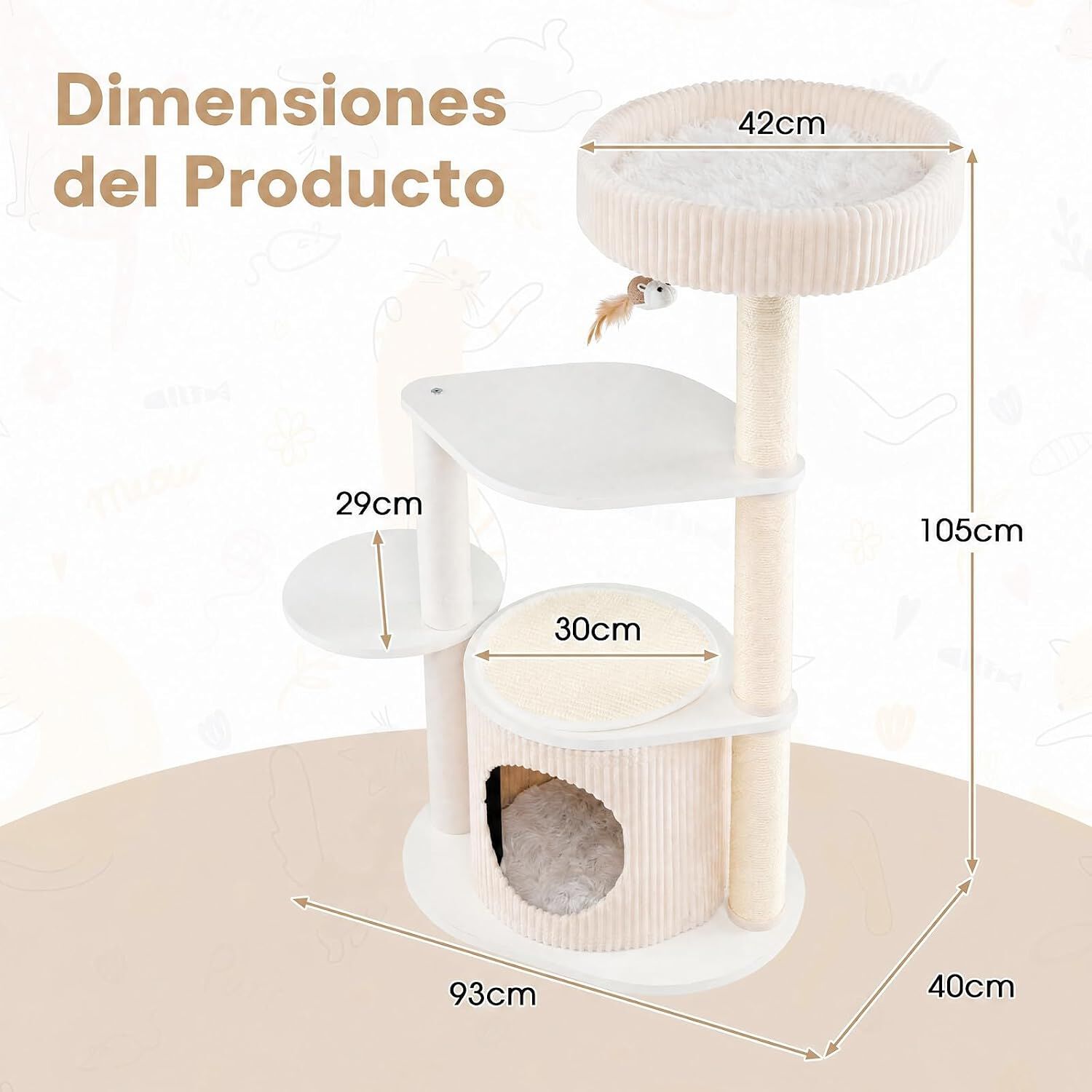 COSTWAY 105 cm &Aacute;rbol Rascador para Gatos con Postes Rascadores de Sisal | Torre de Juegos Multinivel con Casita, Percha Mullida y Juguete en Forma de Rat&oacute;n, Centro de Actividades para Varios Gatitos, , large Imagen numero 5