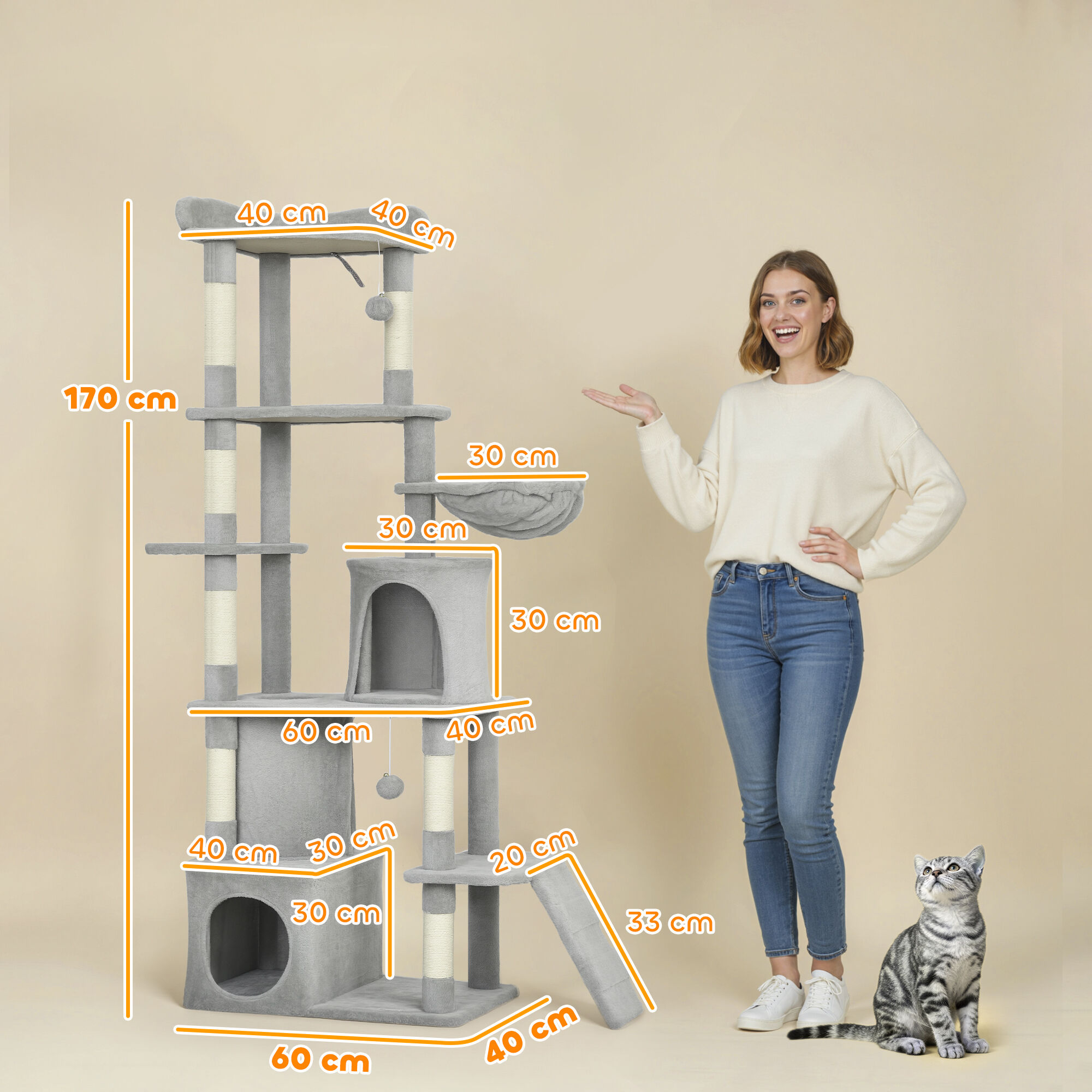 PawHut &Aacute;rbol Rascador para Gatos Grande, &Aacute;rbol para Gatos, Altura 170 cm, Torre de Escalada con 7 Postes, 1 T&uacute;nel, 3 Plataformas, 2 Cuevas, 1 Hamaca, 1 Percha, 1 Rampa, Pompones, Gris Claro, , large Imagen numero 3