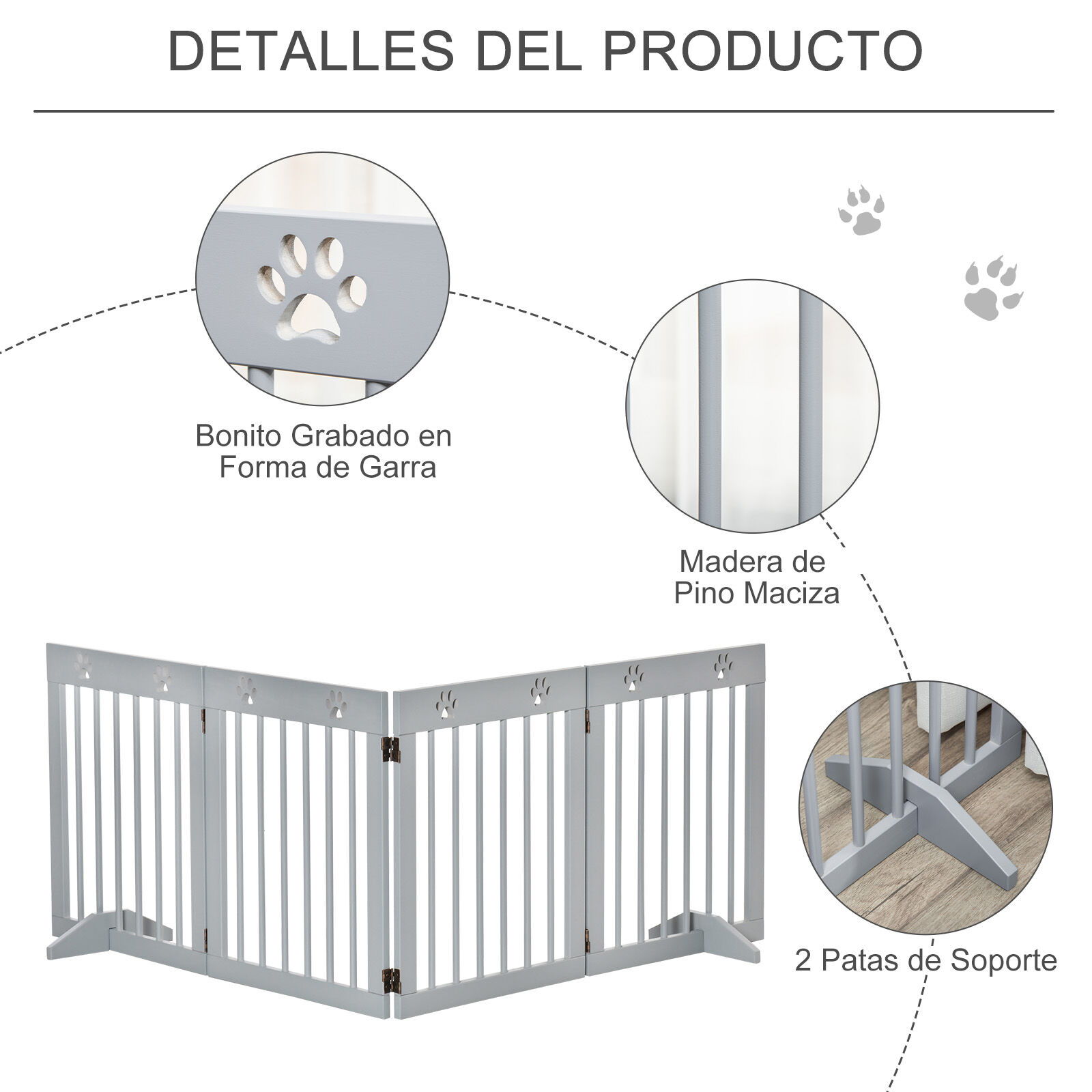 PawHut Barrera para Perros Plegable de 4 Paneles Barrera de Seguridad para Perros con Estructura de Madera y Patas de Apoyo para Pasillo Escalera 204x30x61 cm Gris Claro, , large Imagen numero 5