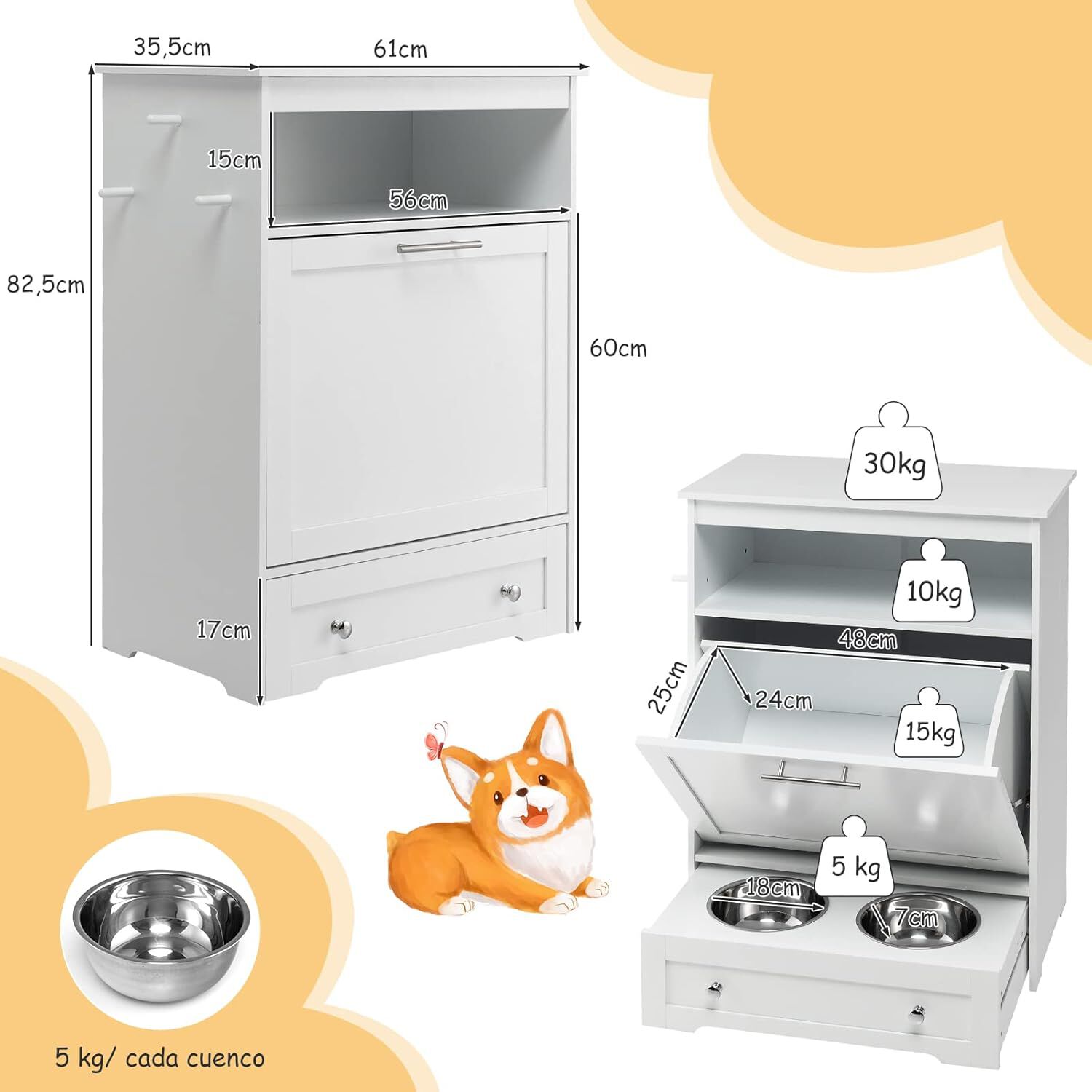 COSTWAY Estaci&oacute;n de Alimentaci&oacute;n Casita para Mascotas con Cuenco de Acero Inoxidable, Gancho para Colgar, Dispositivo Antivuelco, 61 x 35,5 x 82,5 cm, Gabinete de Almacenamiento para Mascotas, , large Imagen numero 5
