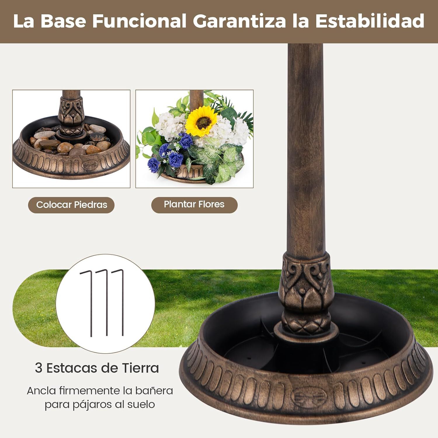 COSTWAY Comedero Pajaros Exterior de PP, Alimentaci&oacute;n de Aves de Jard&iacute;n, Comedero Vertical para P&aacute;jaros en Estilo Retro, Decorativo Exterior Ba&ntilde;o de P&aacute;jaros (Bronce, 50 x 50 x 107 cm), , large Imagen numero 3