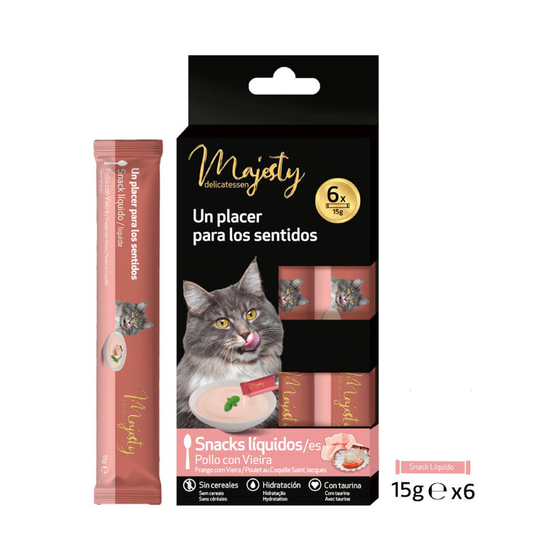6 sobres x 15 g Majesty Pollo y Vieira snack líquido para gatos