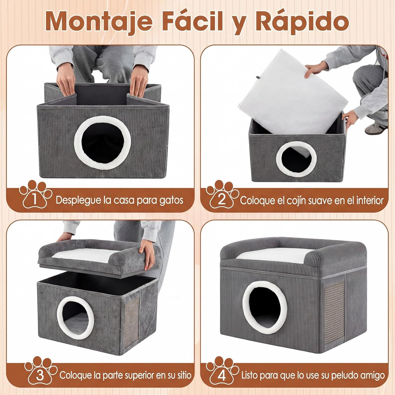 COSTWAY Camas para Gatos de Interior, Gran Cueva para Gatos con Acogedor Condominio, Alfombrilla Rascadora de Sisal, Coj&iacute;n Suave, Base Antideslizante, Casa Plegable Mascotas, Carga 15 kg (Gris), , large Imagen numero 3